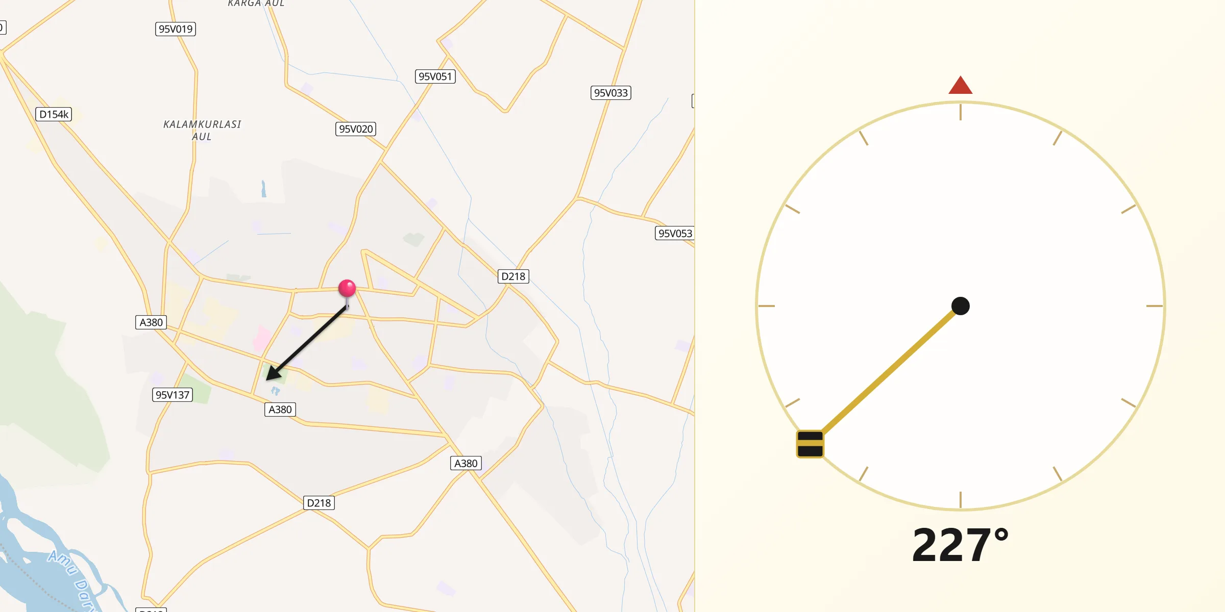 Direction vers la Qibla depuis Beruniy
