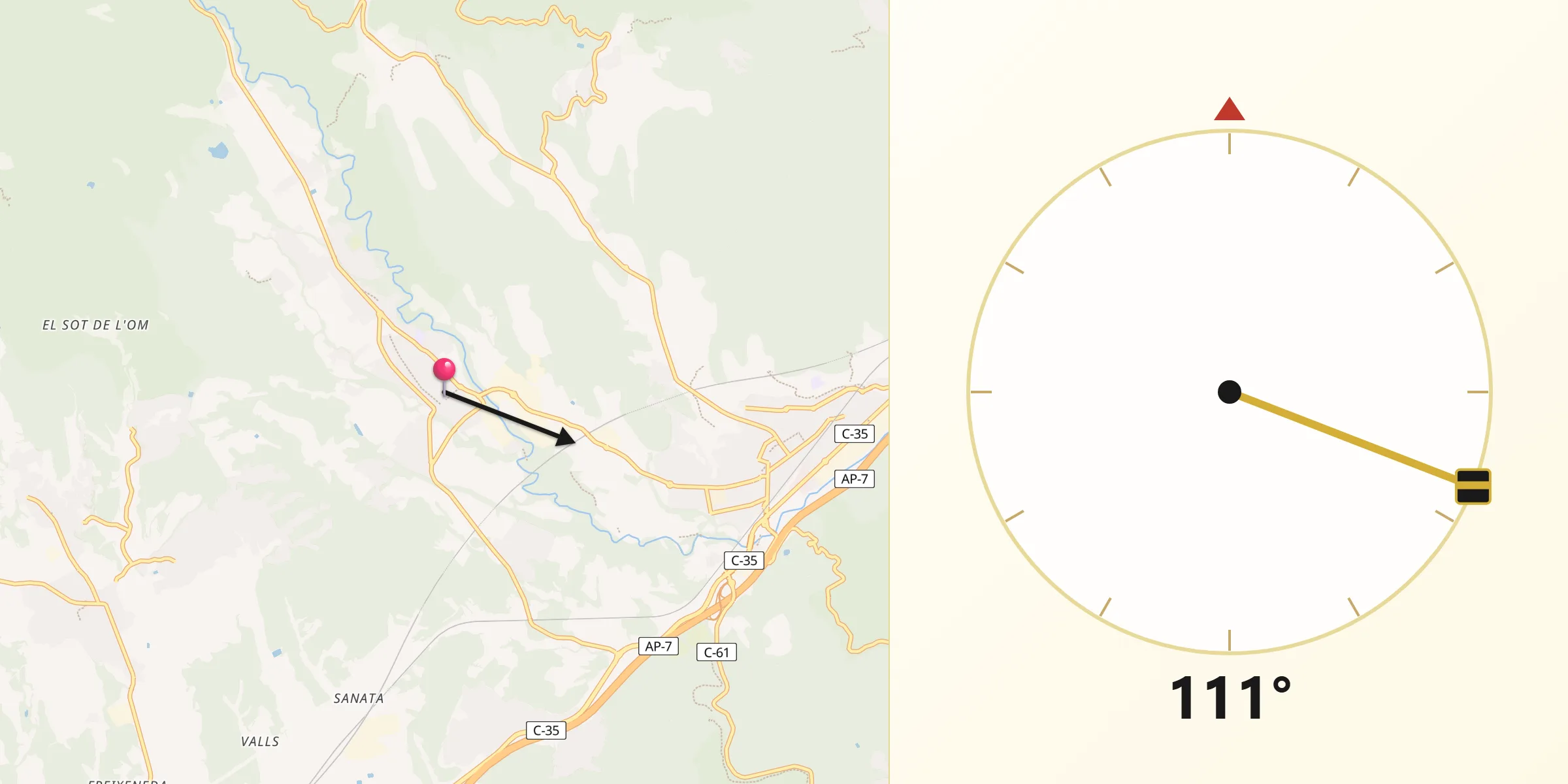 Dirección de la Qibla desde Santa Maria de Palautordera