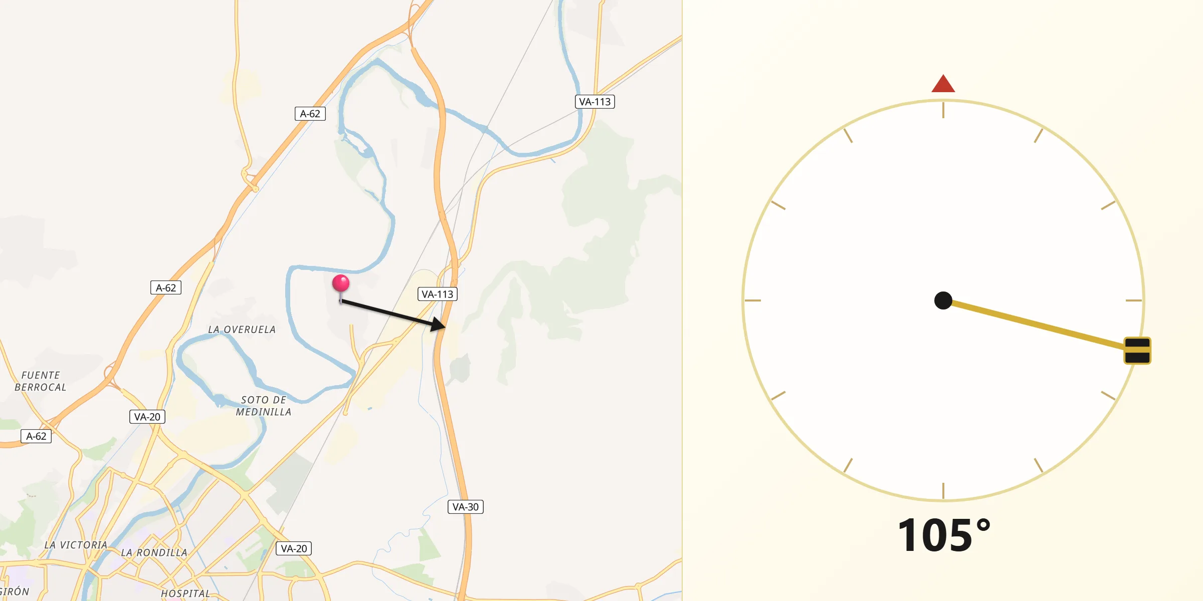 Dirección de la Qibla desde Santovenia de Pisuerga