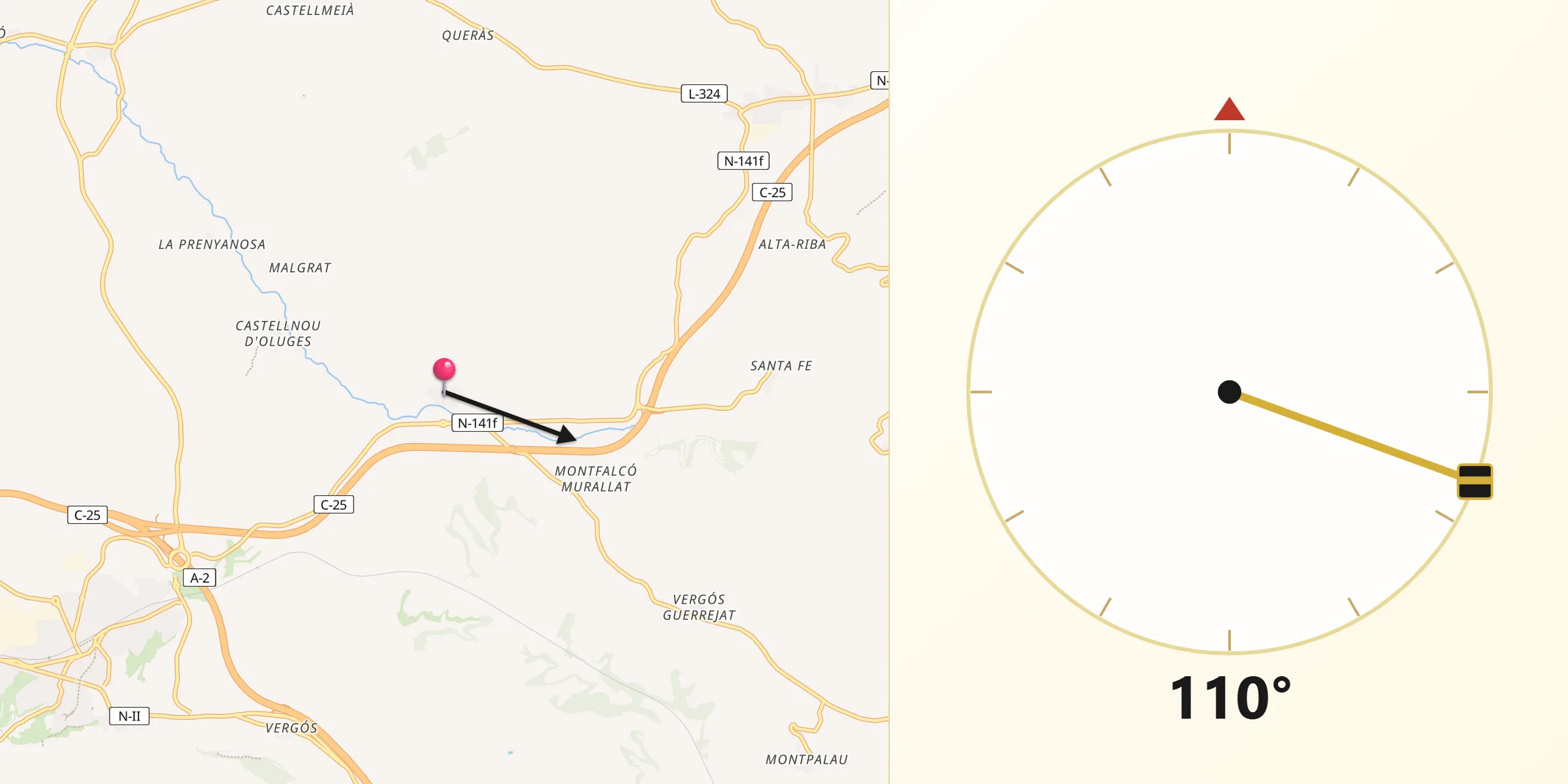 Dirección de la Qibla desde Les Oluges