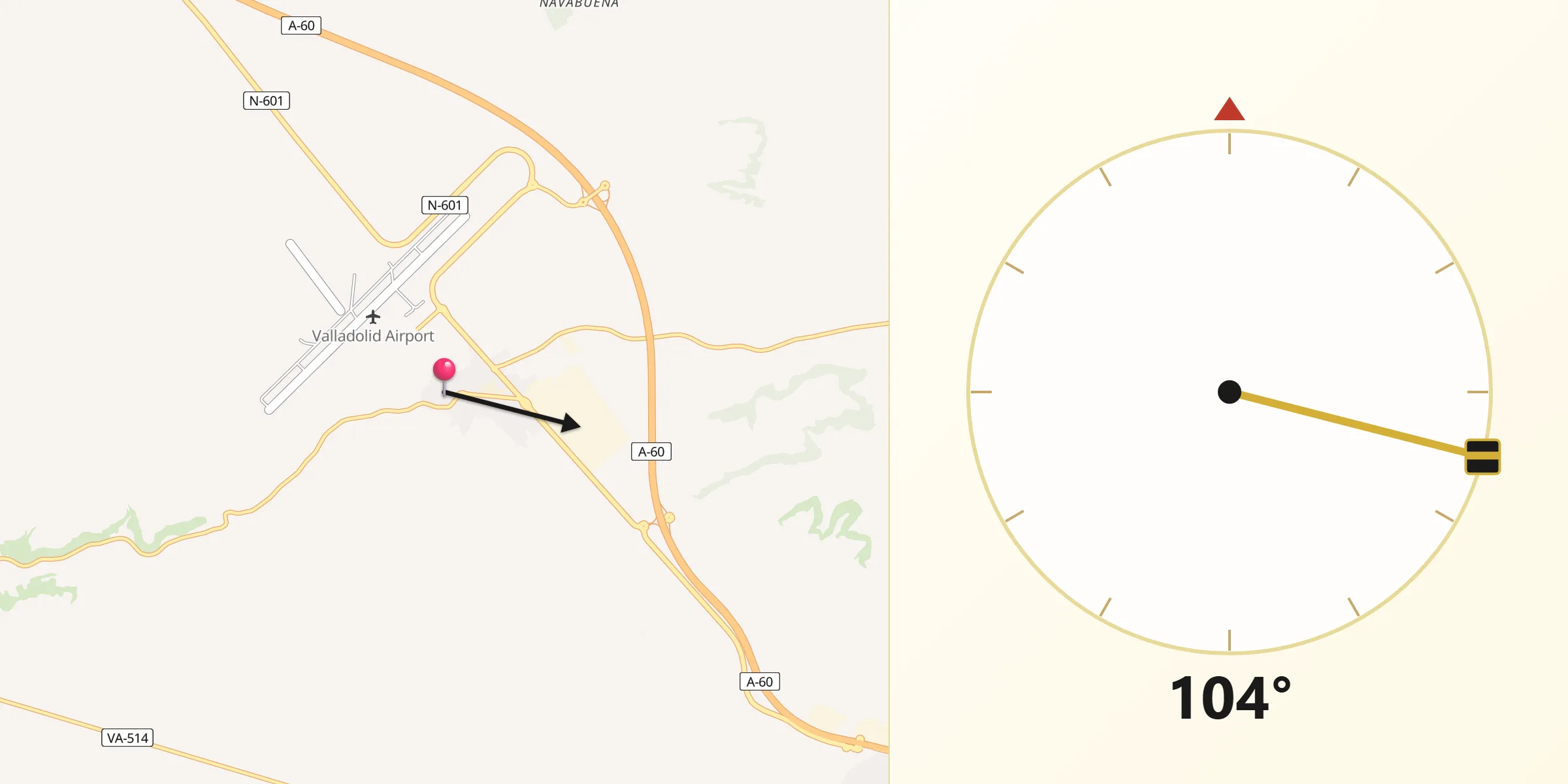 Dirección de la Qibla desde Villanubla
