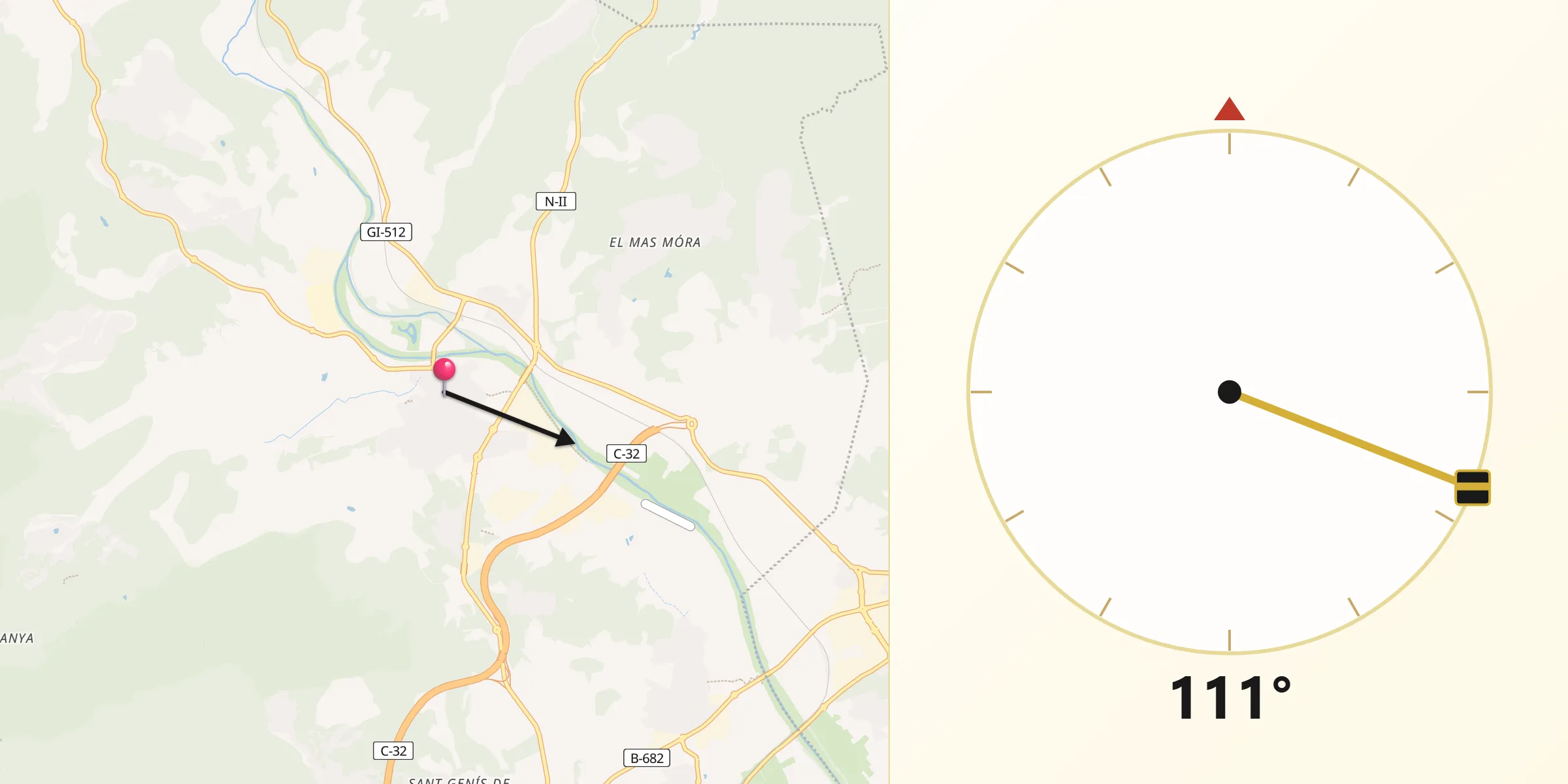 Dirección de la Qibla desde Tordera