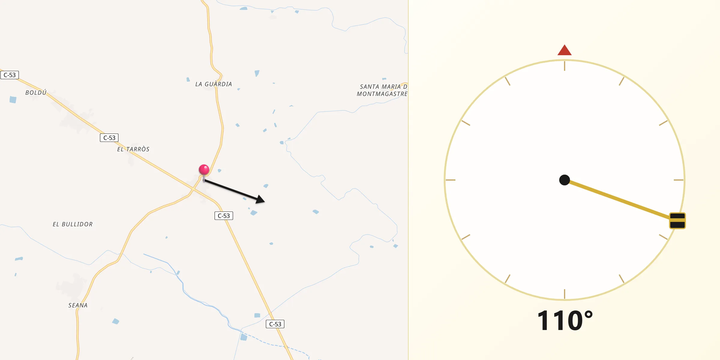 Dirección de la Qibla desde Tornabous
