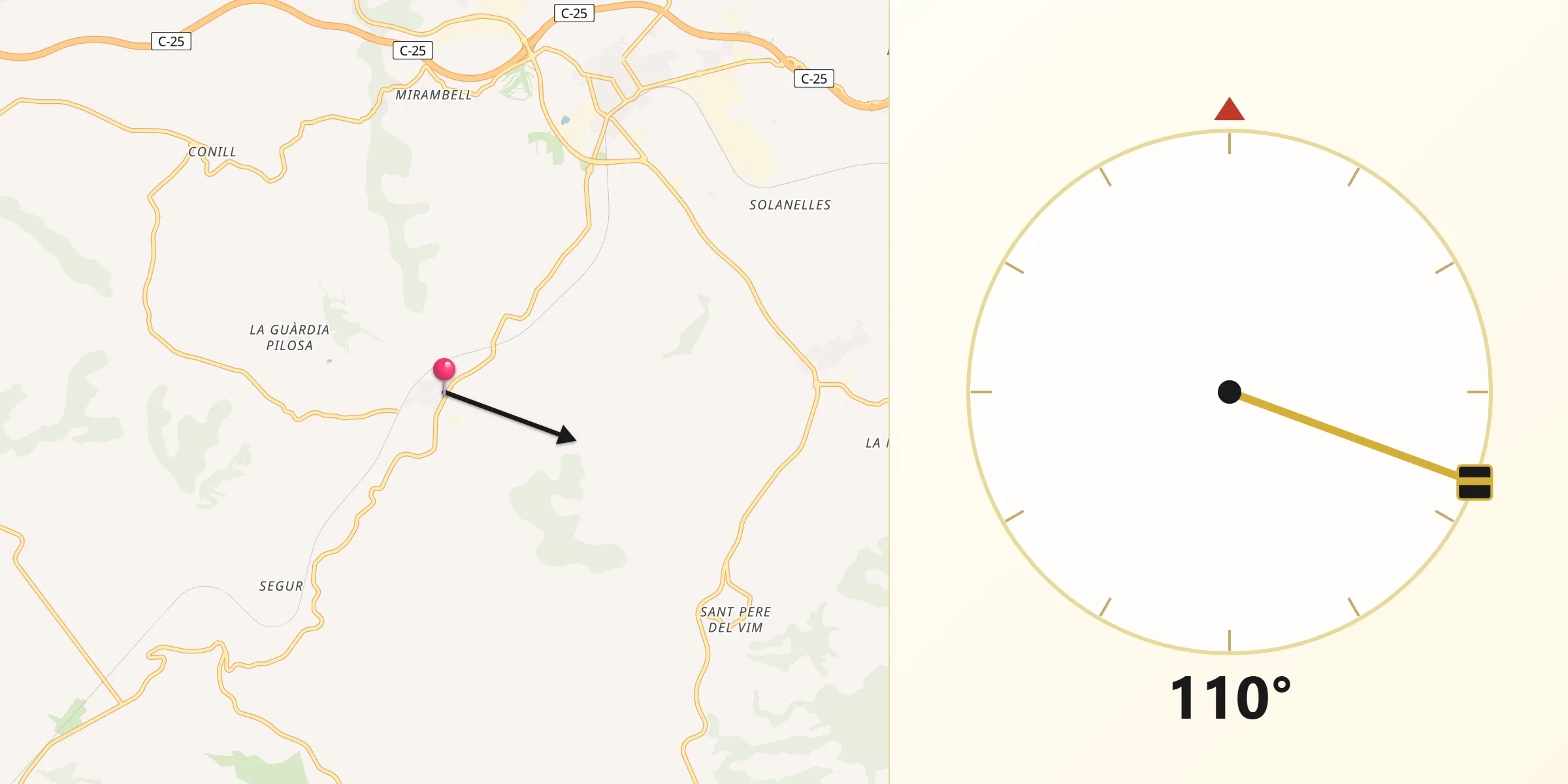 Dirección de la Qibla desde Sant Martí Sesgueioles