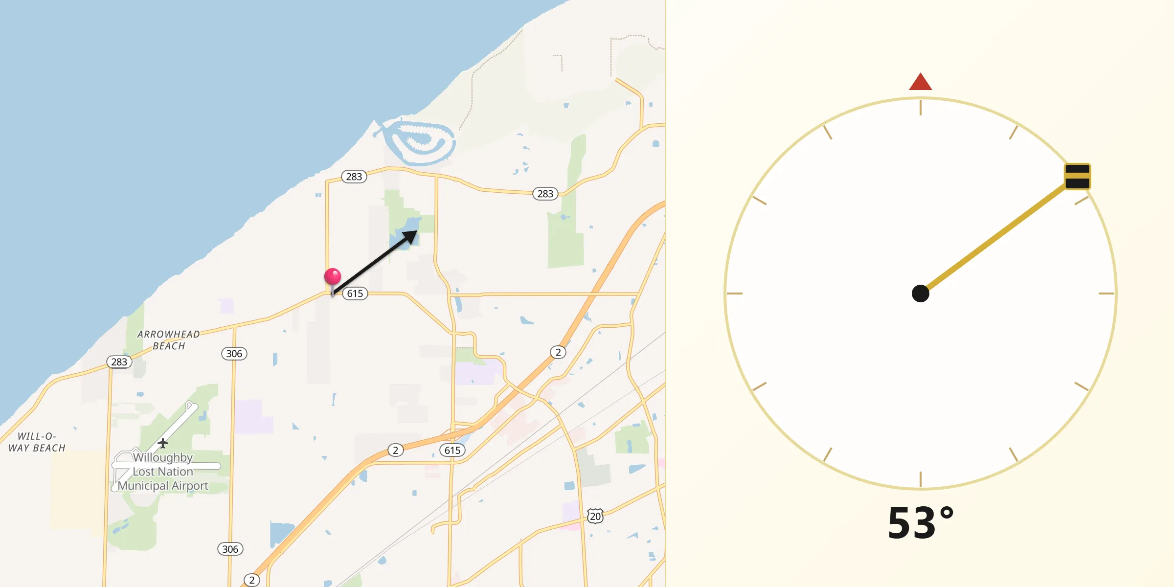 Qibla Direction from Mentor-on-the-Lake