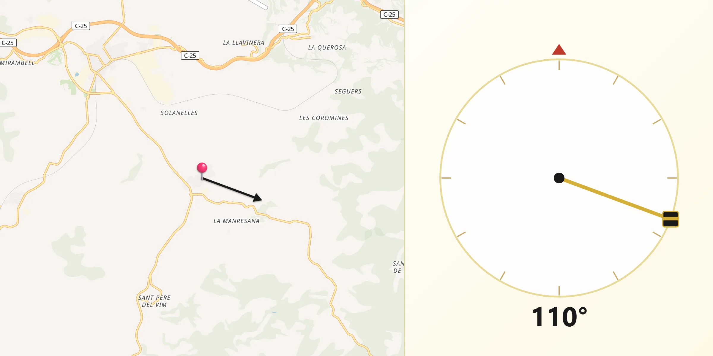 Dirección de la Qibla desde Prats de Rei Els