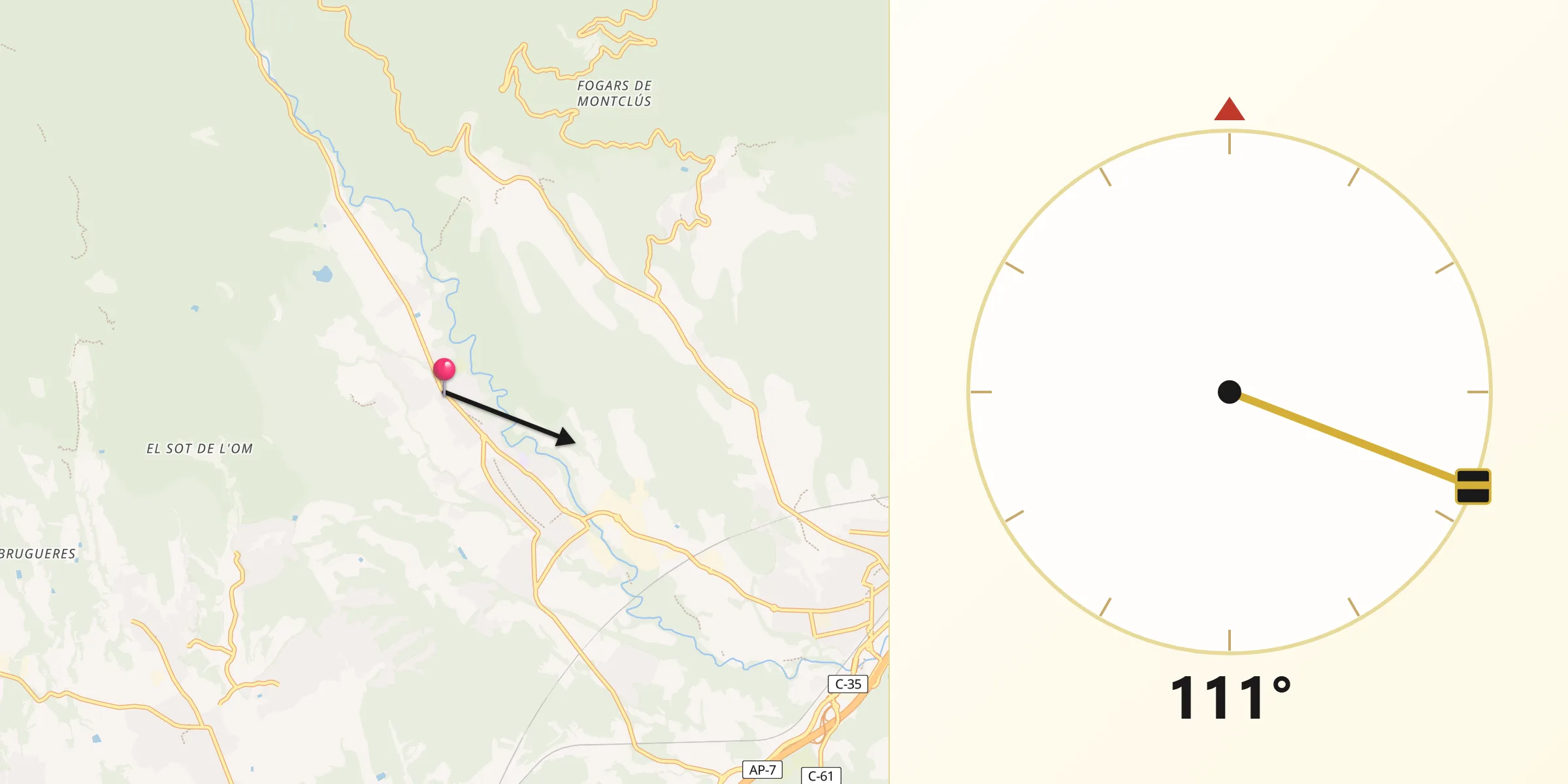 Dirección de la Qibla desde Sant Esteve de Palautordera