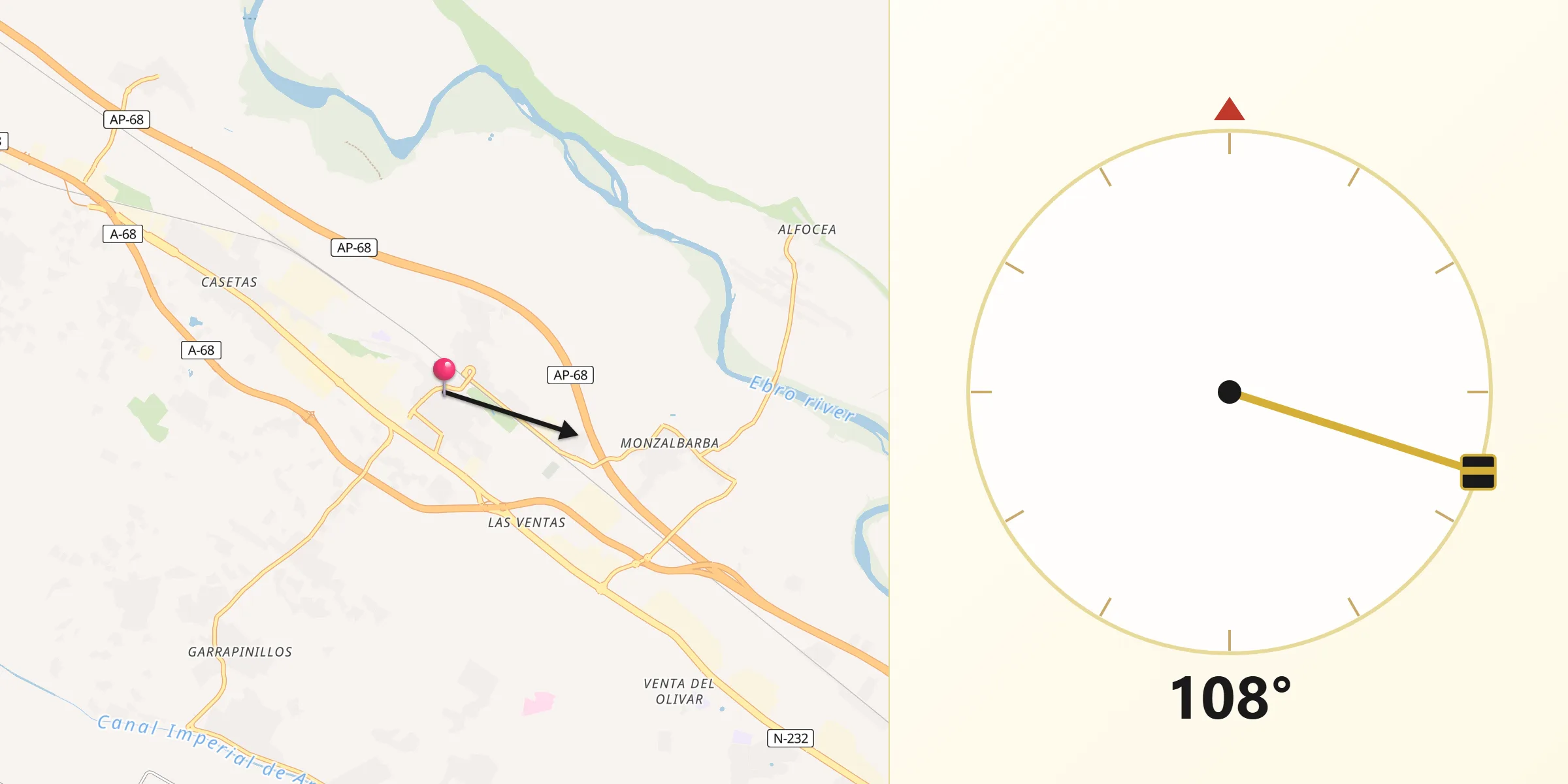 Dirección de la Qibla desde Utebo