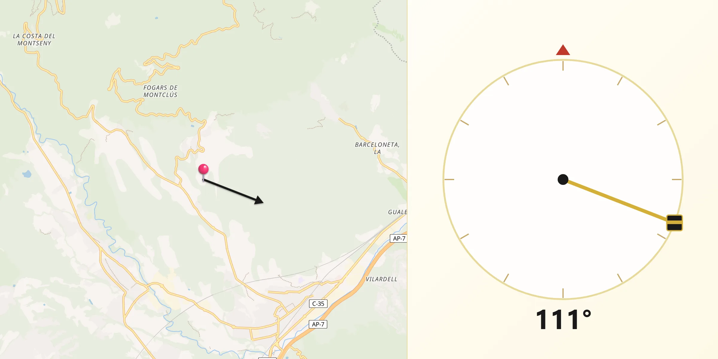 Dirección de la Qibla desde Campins