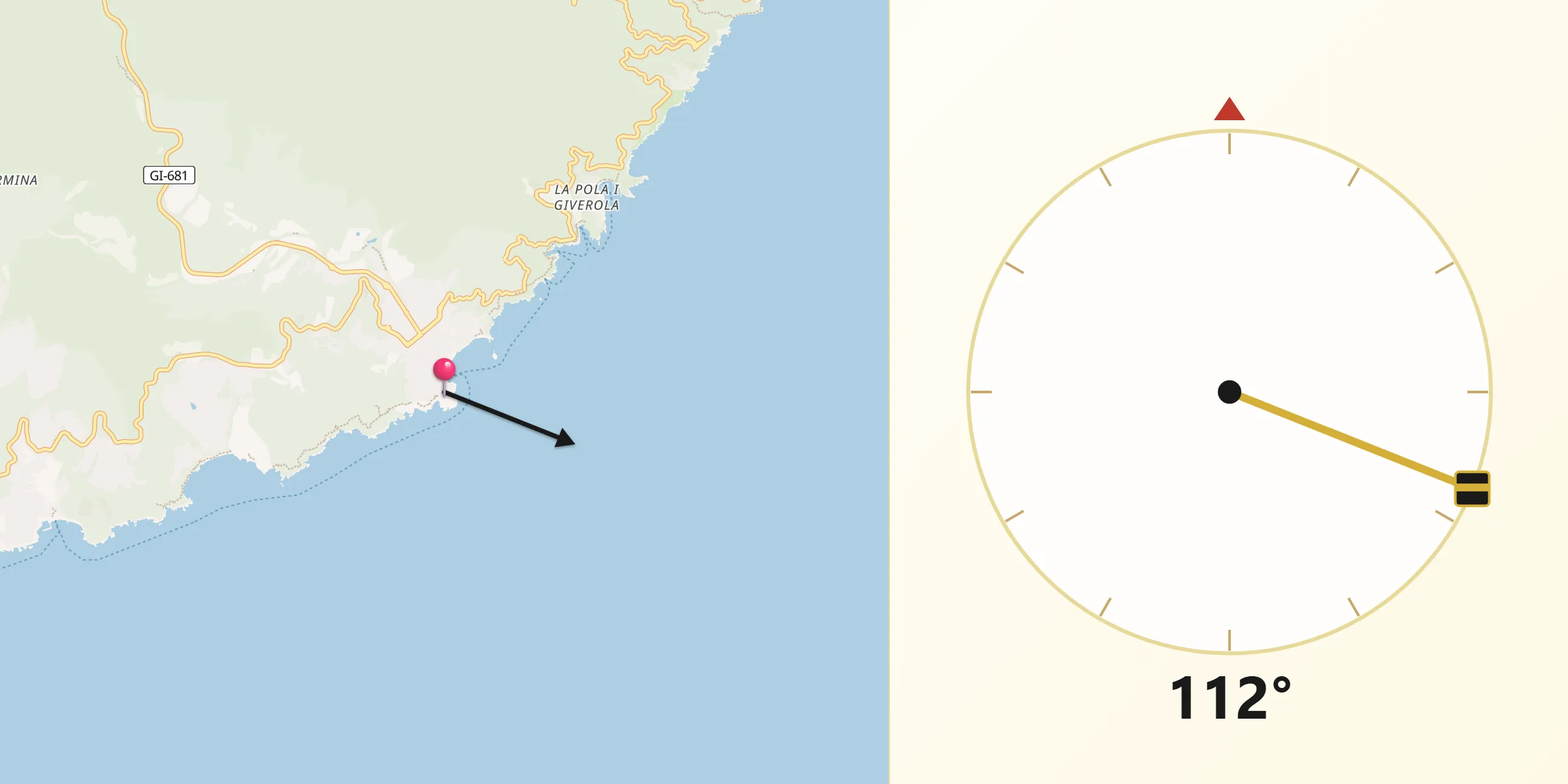 Dirección de la Qibla desde Tossa de Mar