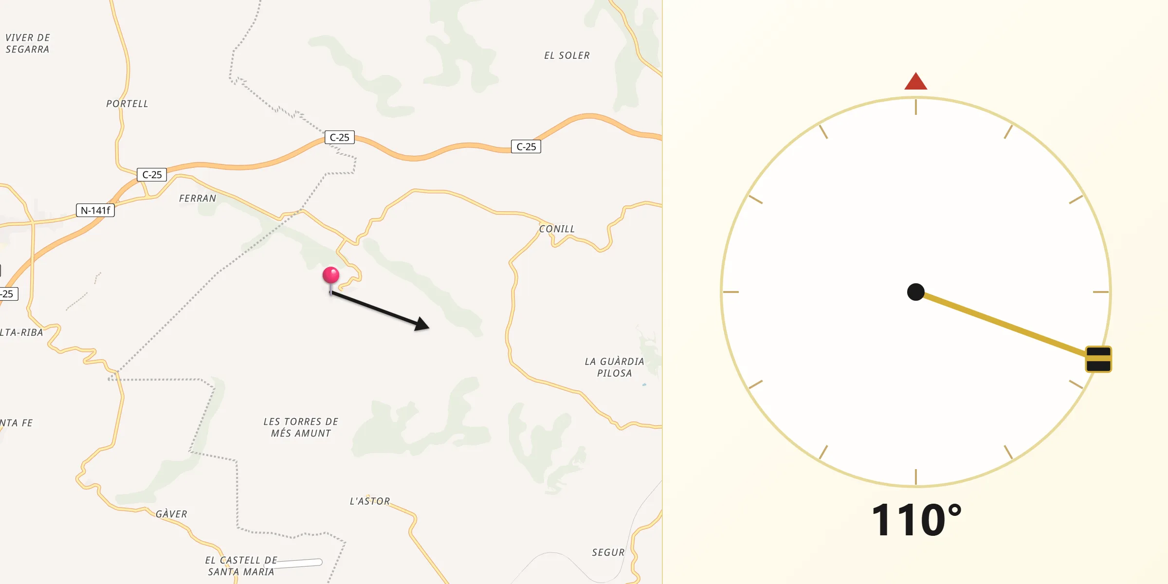 Dirección de la Qibla desde Pujalt