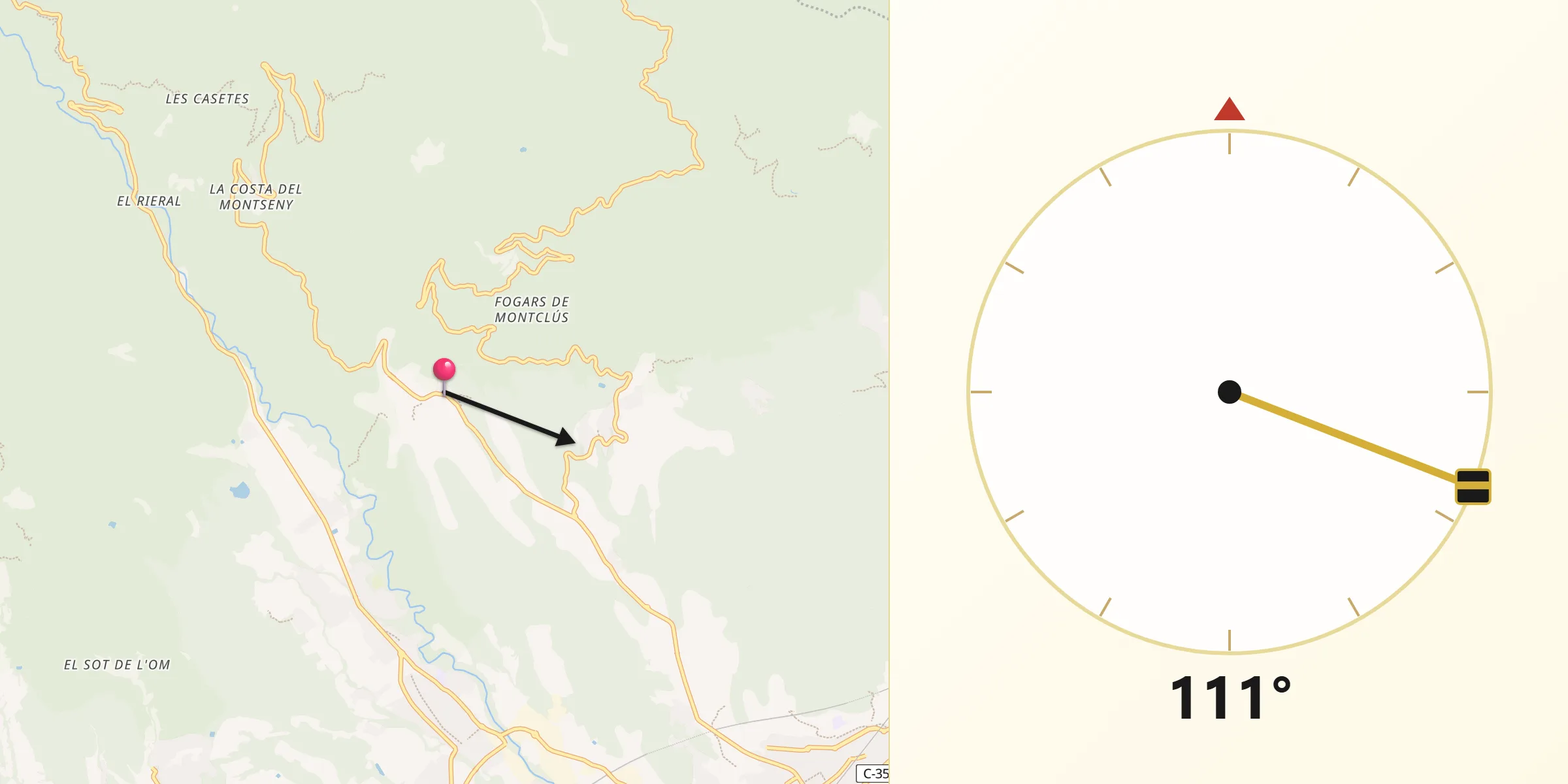 Dirección de la Qibla desde Fogars de Montclús