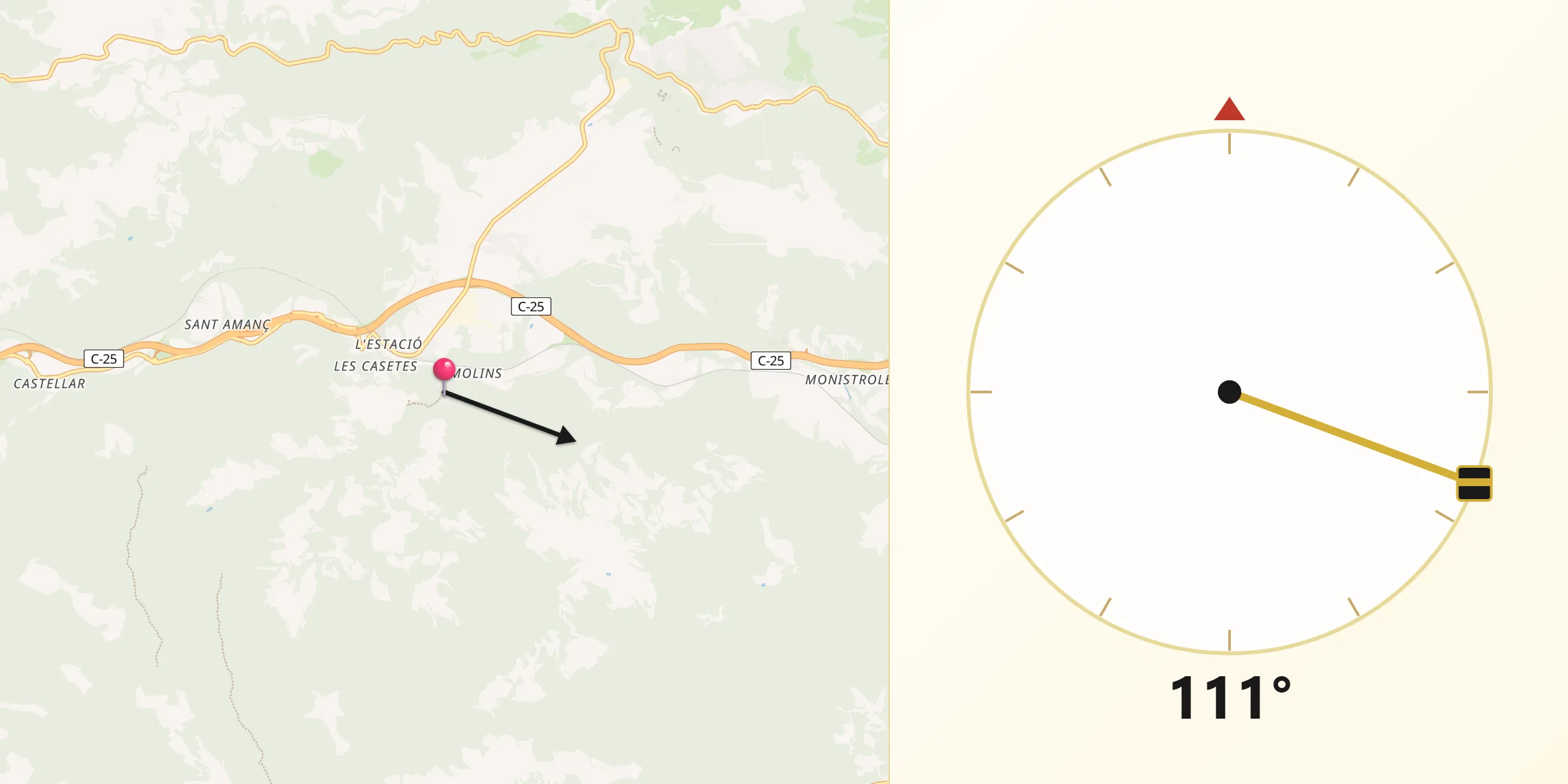Dirección de la Qibla desde Rajadell