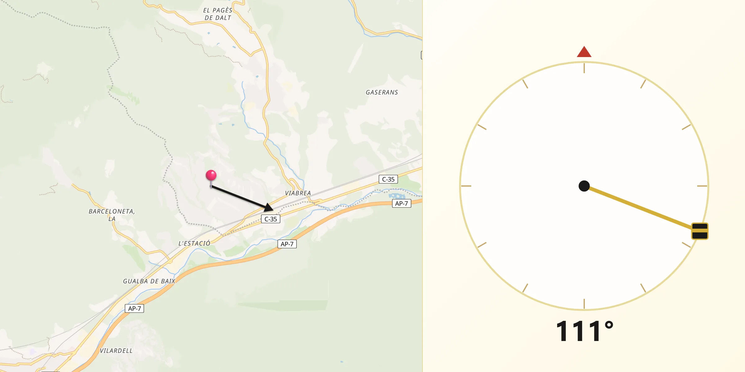 Dirección de la Qibla desde Riells i Viabrea
