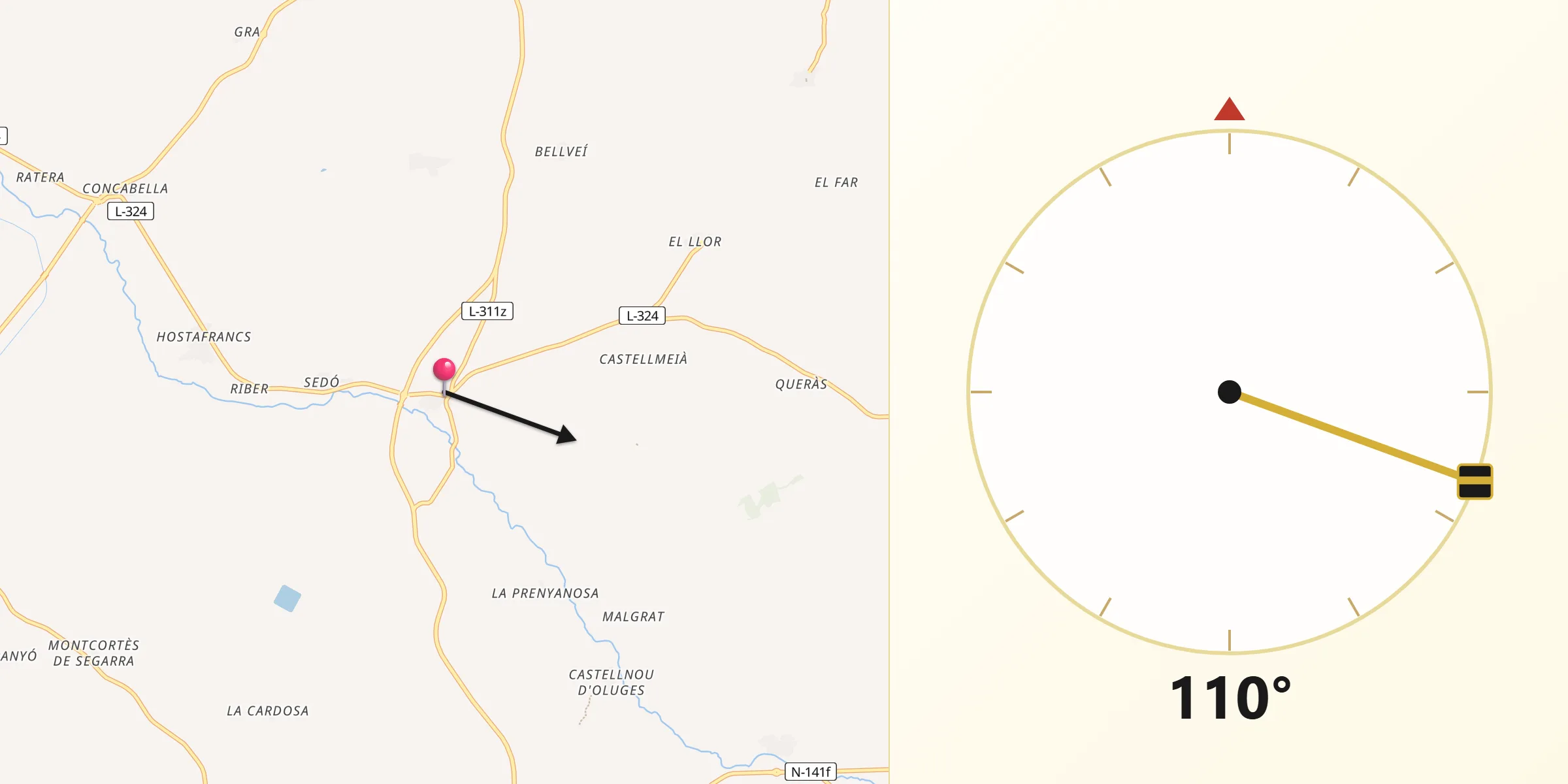 Dirección de la Qibla desde Tarroja de Segarra