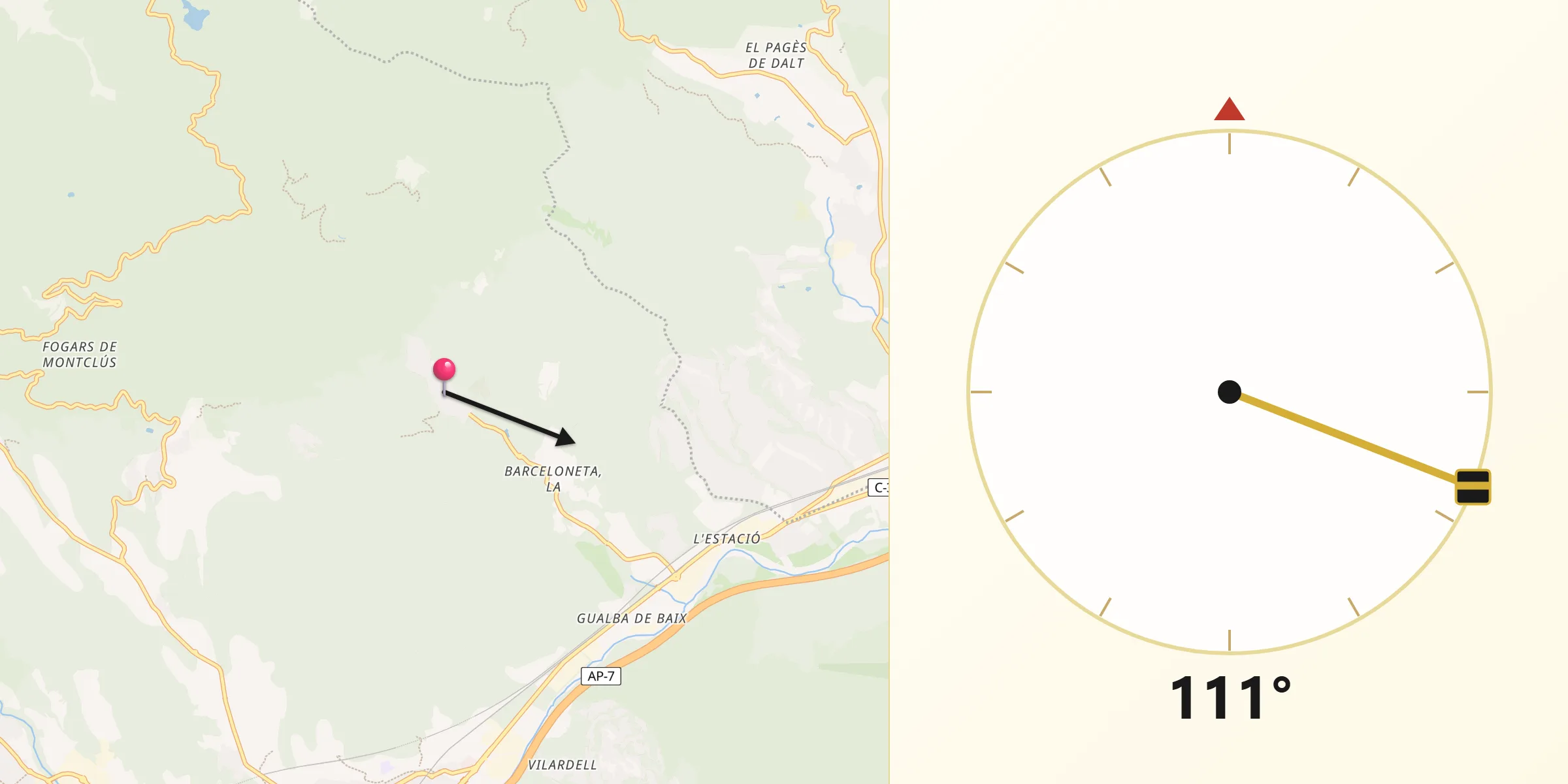 Dirección de la Qibla desde Gualba
