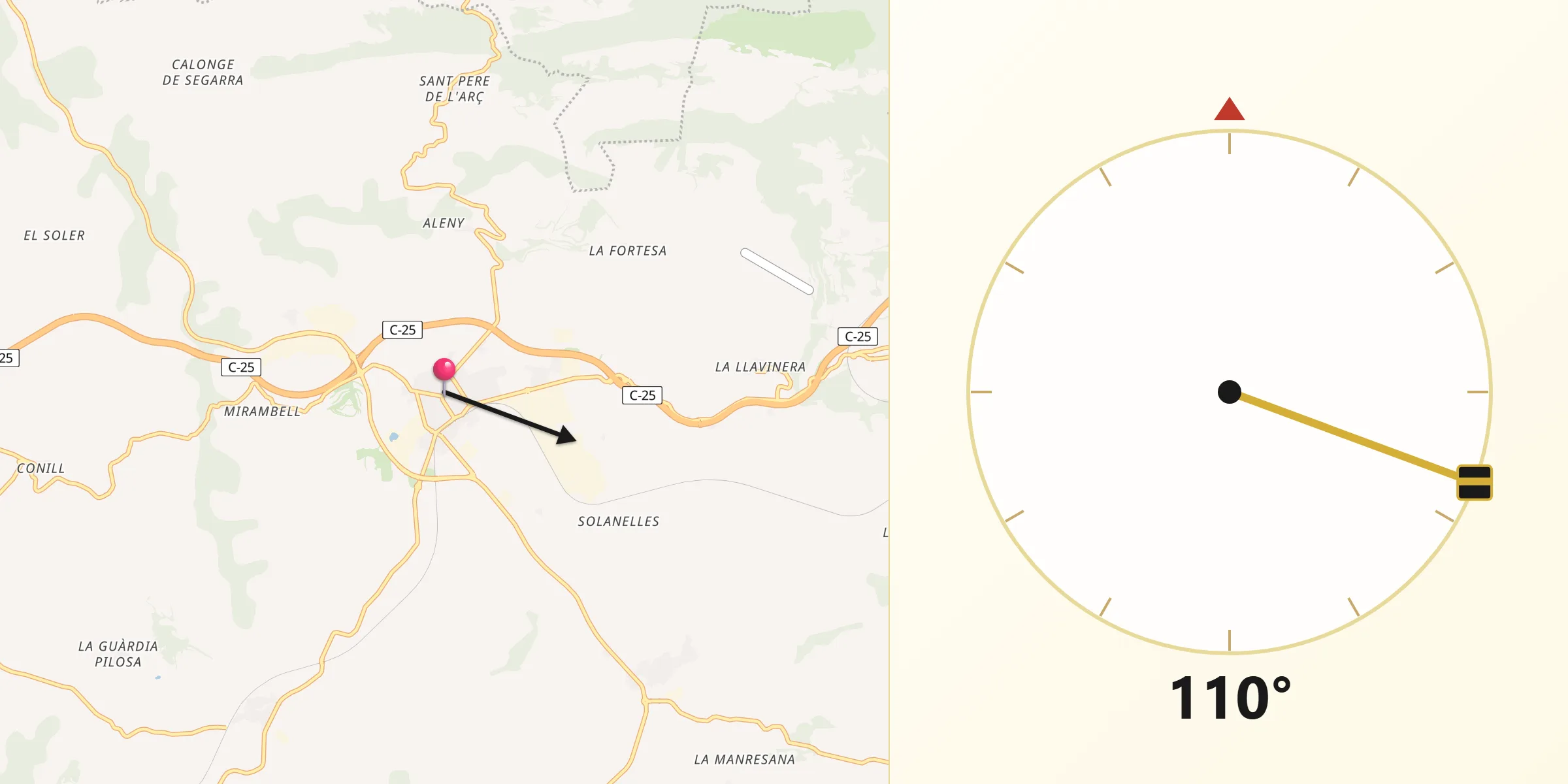 Dirección de la Qibla desde Calaf