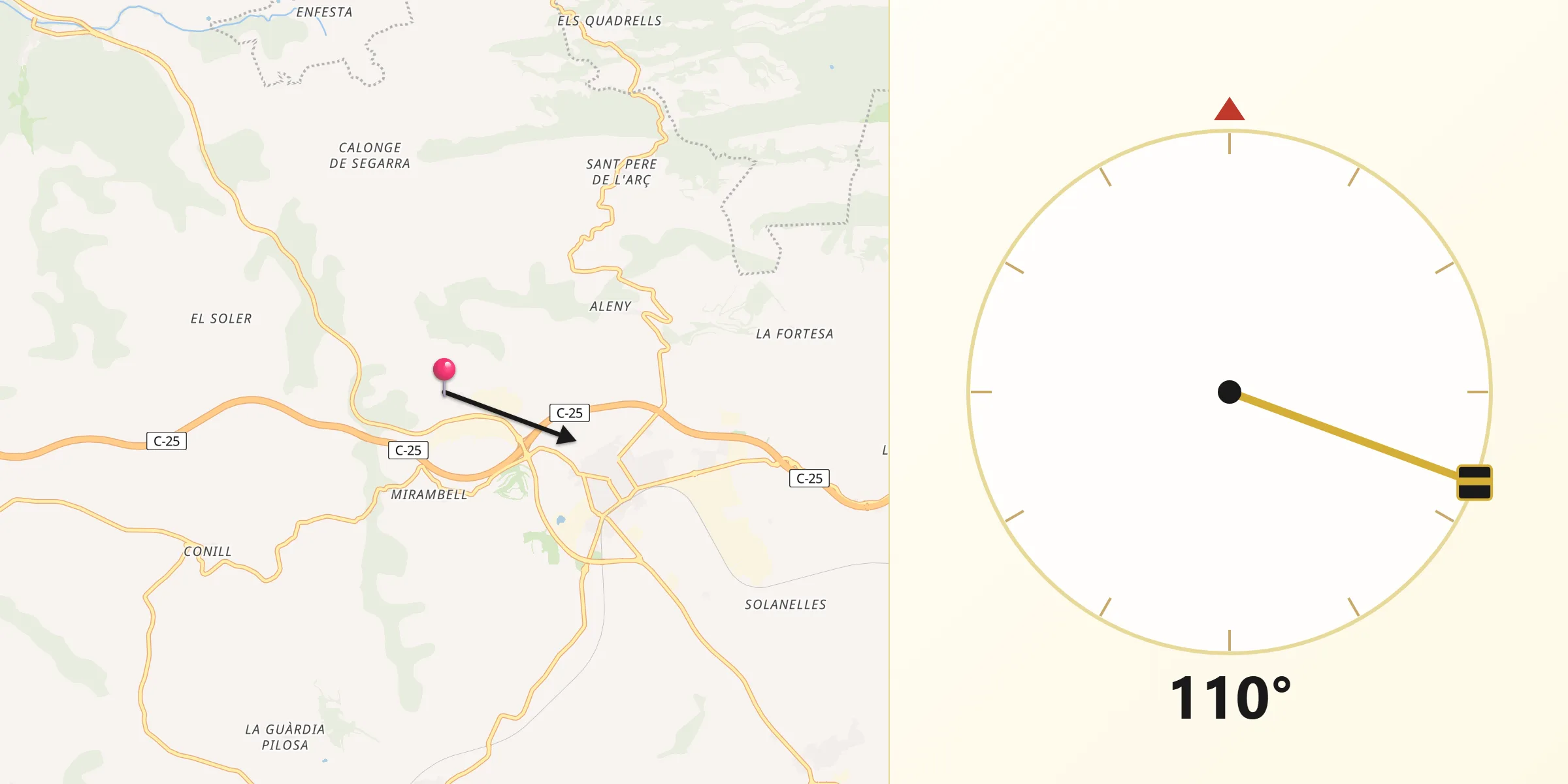 Dirección de la Qibla desde Calonge de Segarra