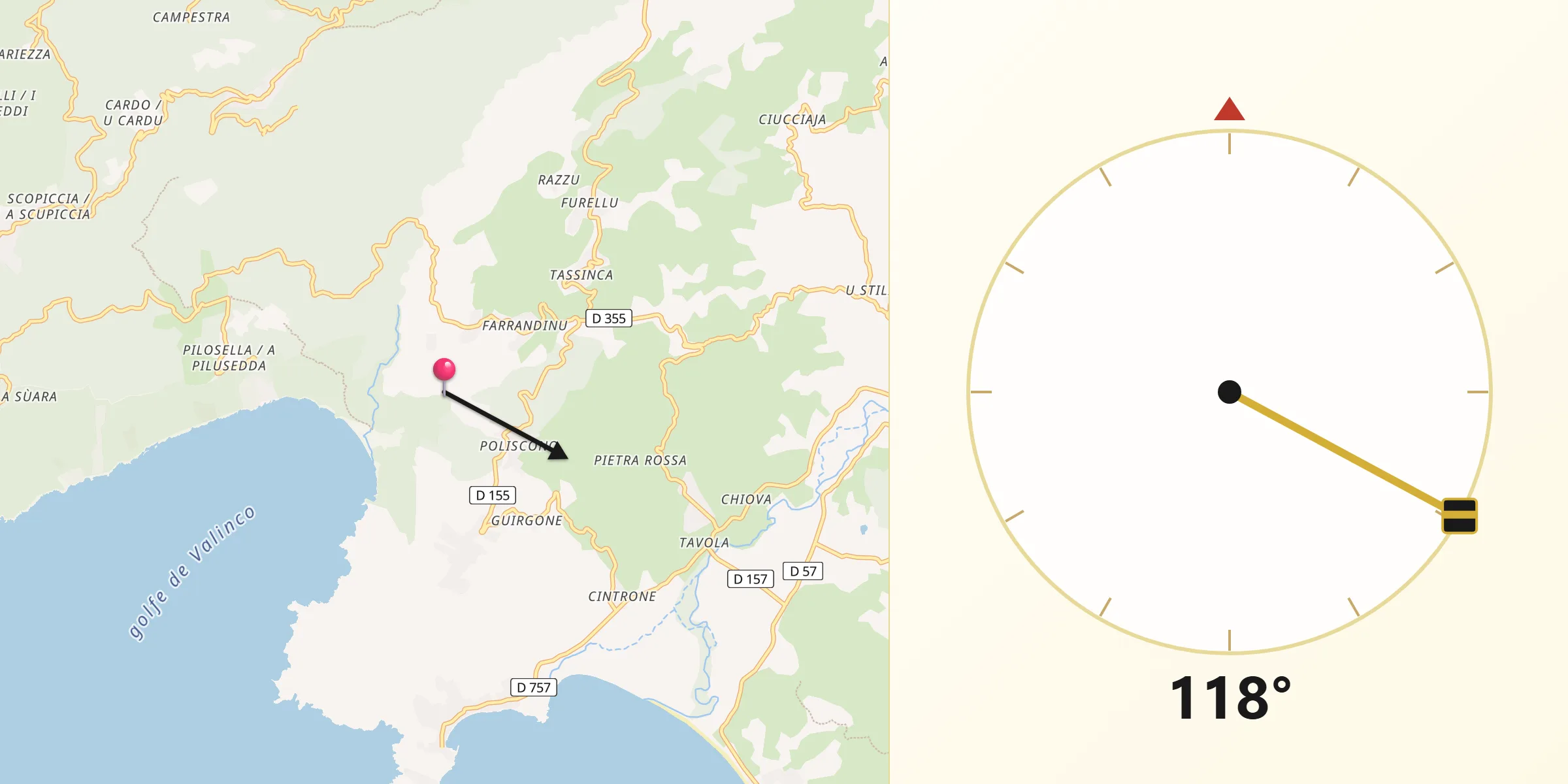 Direction vers la Qibla depuis Sollacaro