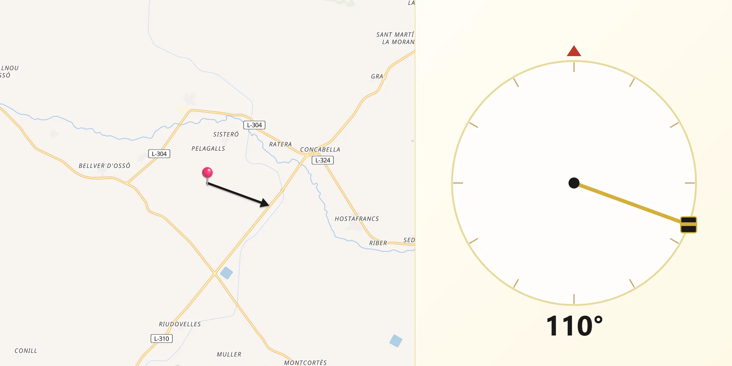 Dirección de la Qibla desde Plans de Sió Els