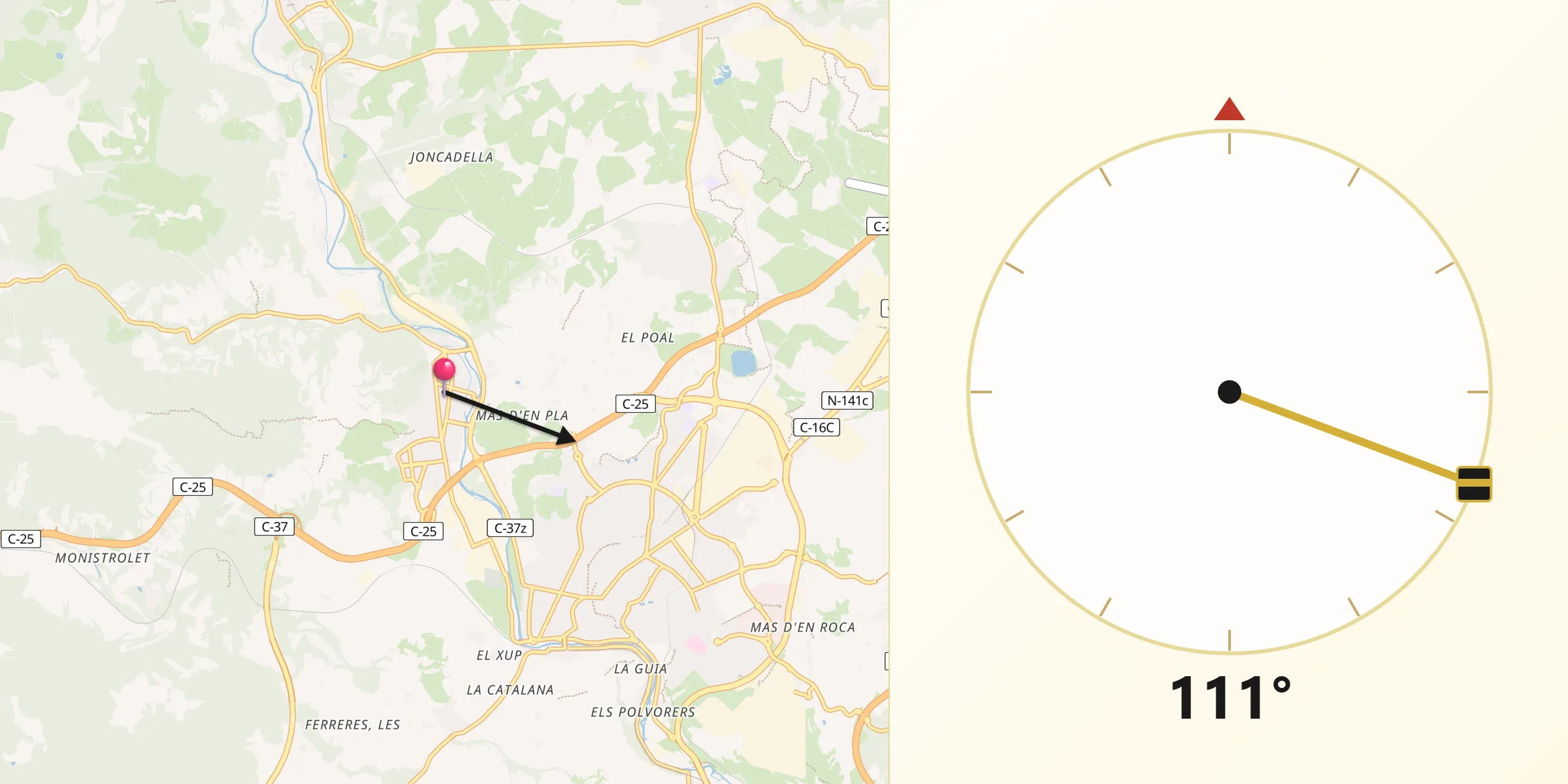 Dirección de la Qibla desde Sant Joan de Vilatorrada