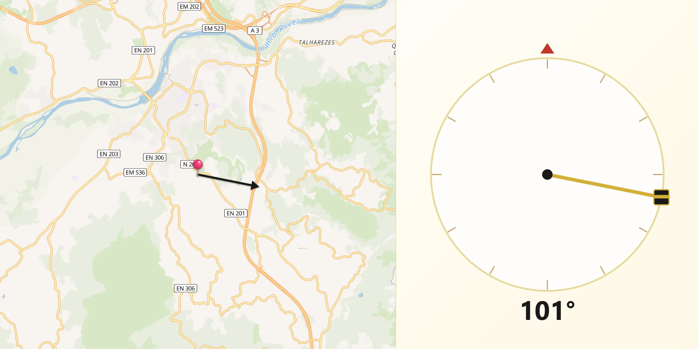 Direção da Qibla a partir de Ponte de Lima