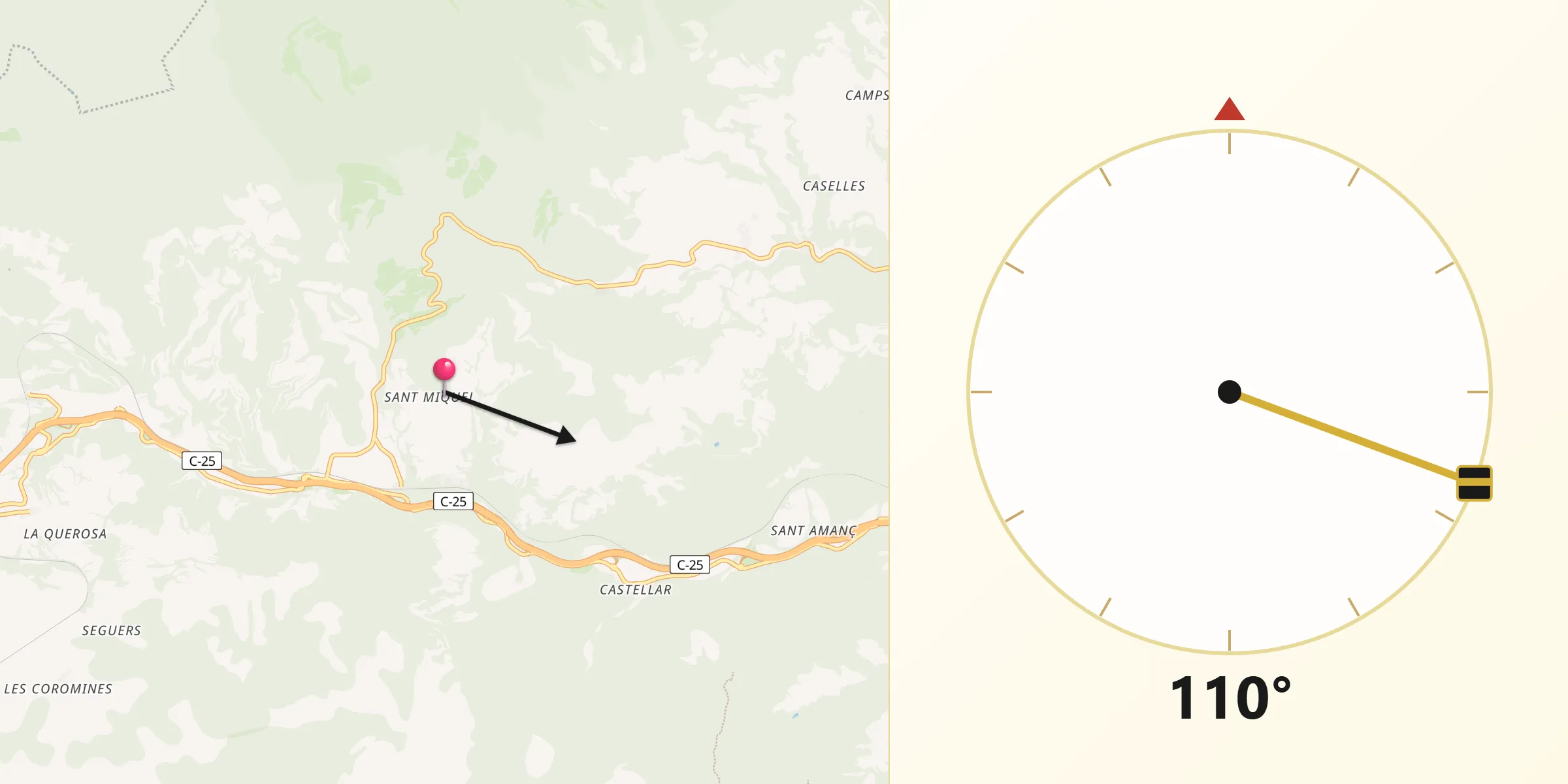 Dirección de la Qibla desde Aguilar de Segarra