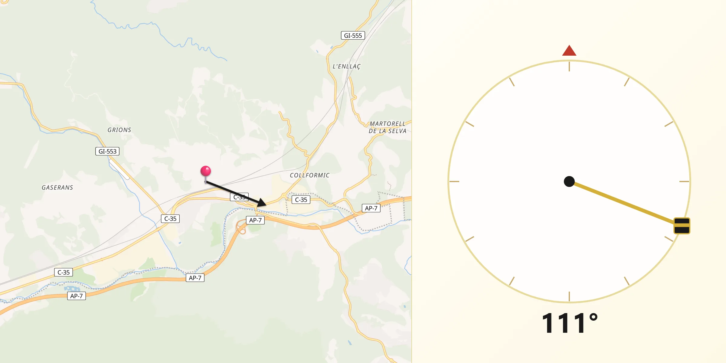 Dirección de la Qibla desde Hostalric