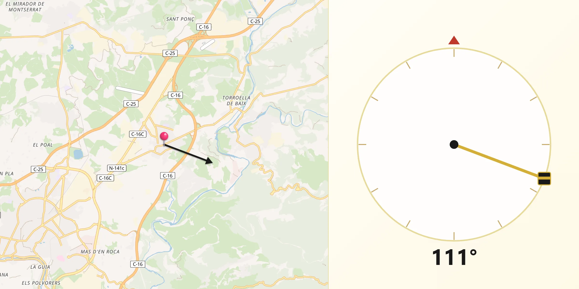 Dirección de la Qibla desde Sant Fruitós de Bages