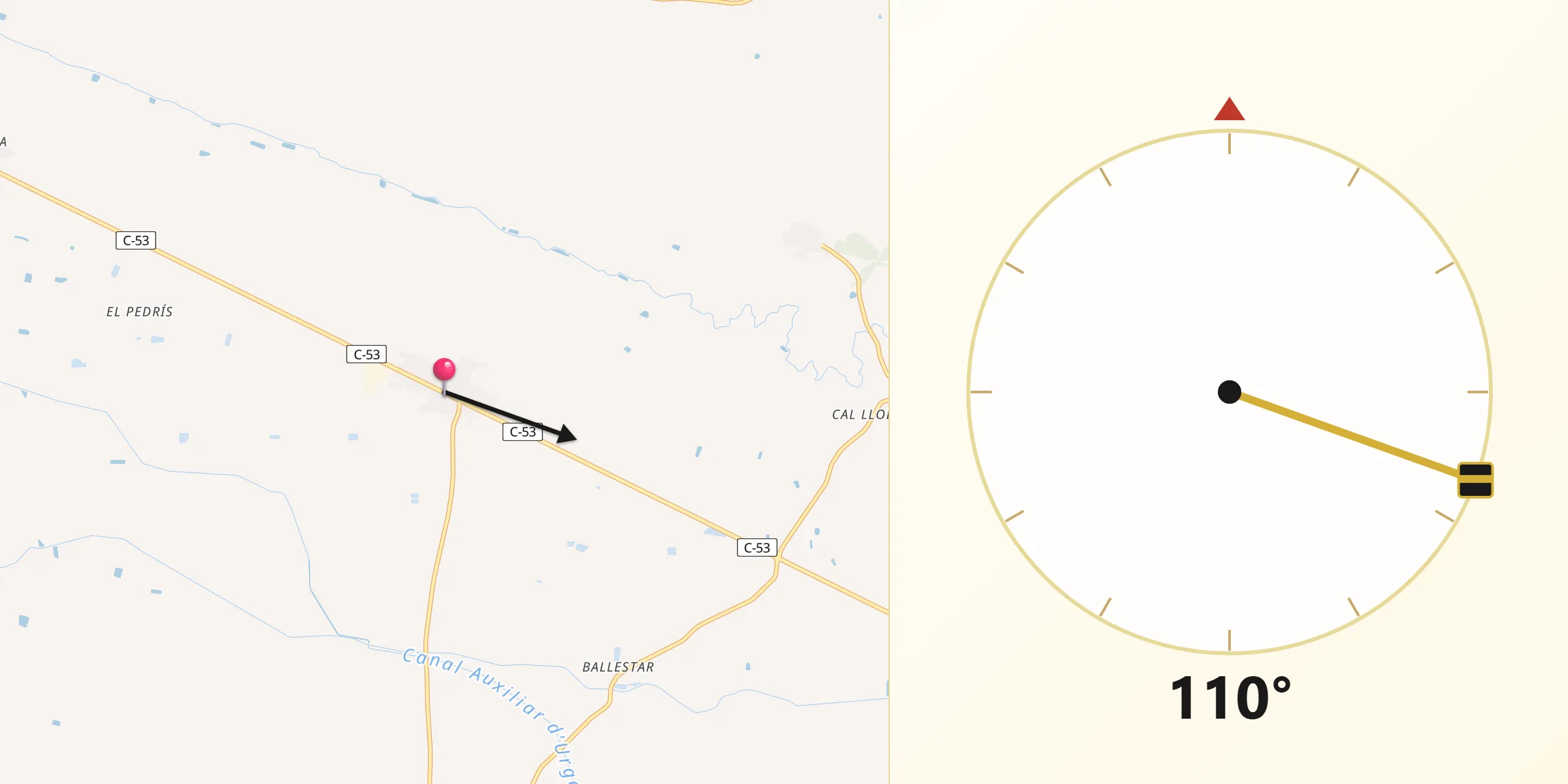Dirección de la Qibla desde Bellcaire d'Urgell