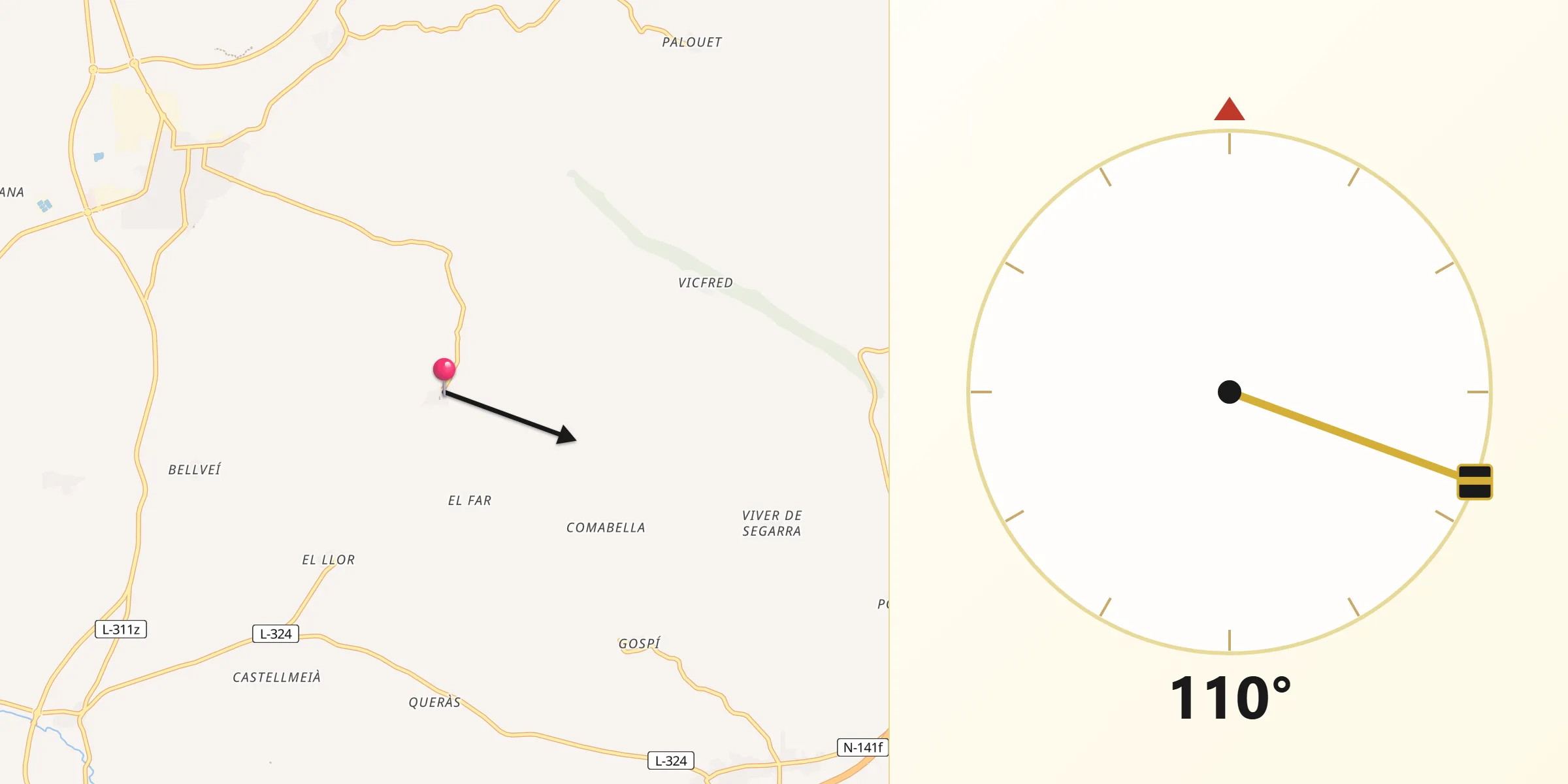 Dirección de la Qibla desde Sant Guim de la Plana