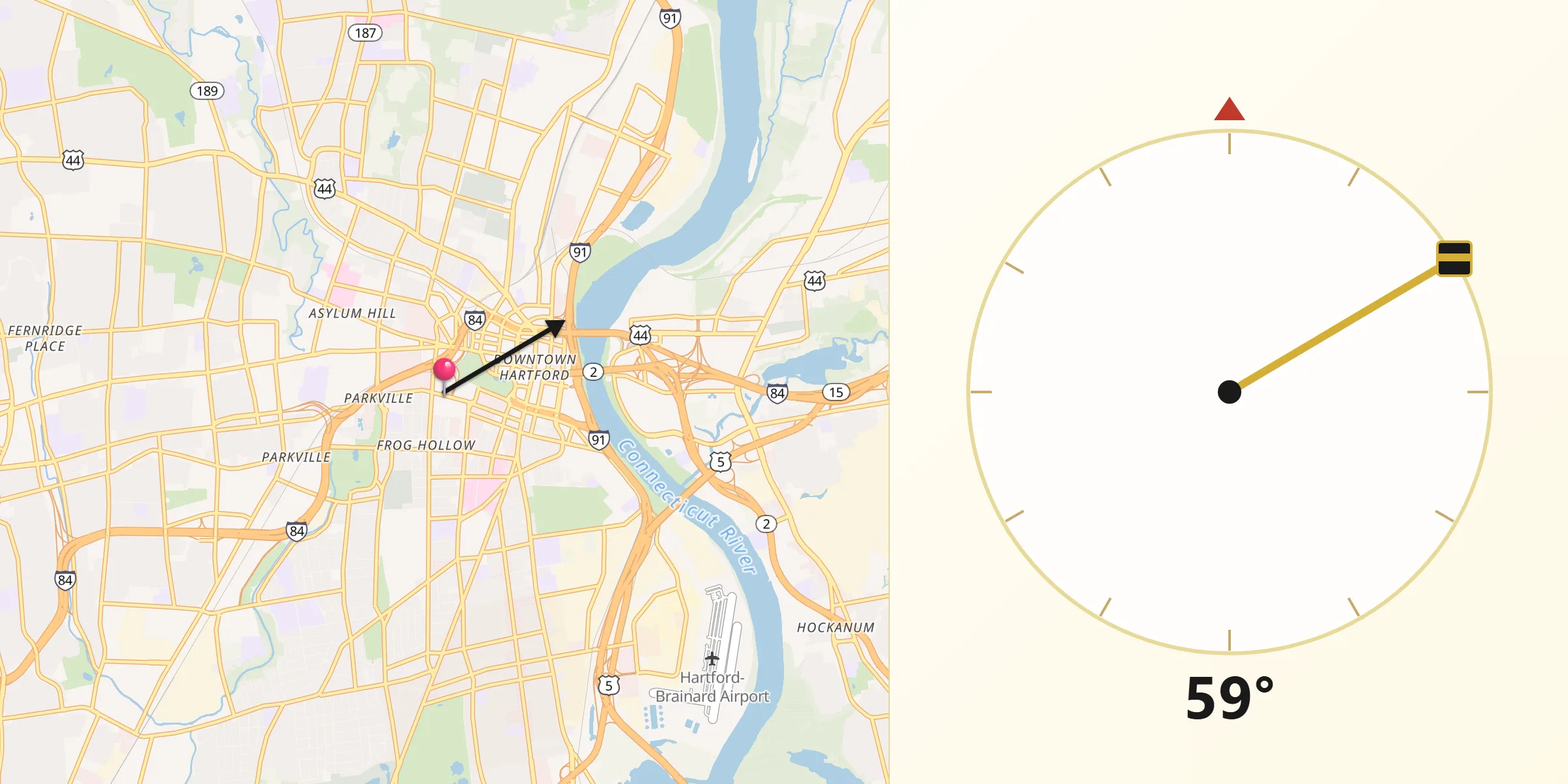 Dirección de la Qibla desde Hartford