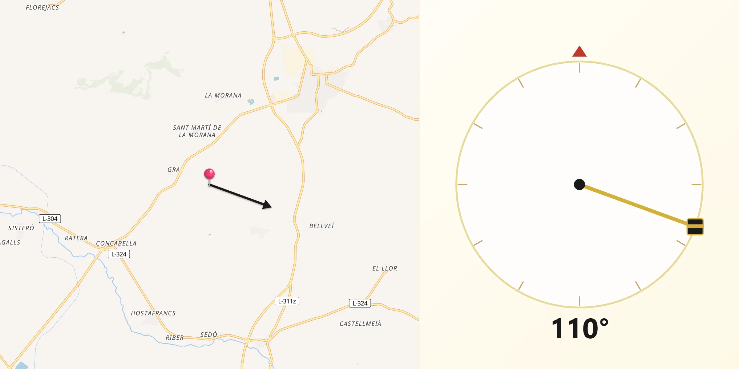 Dirección de la Qibla desde Torrefeta i Florejacs