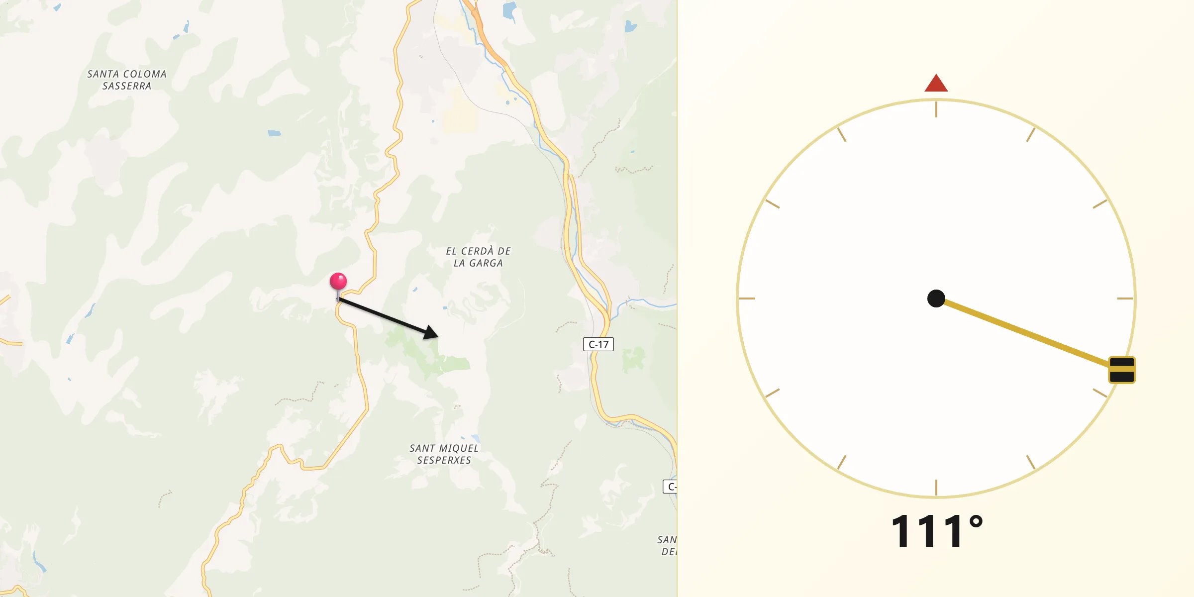 Dirección de la Qibla desde Sant Martí de Centelles