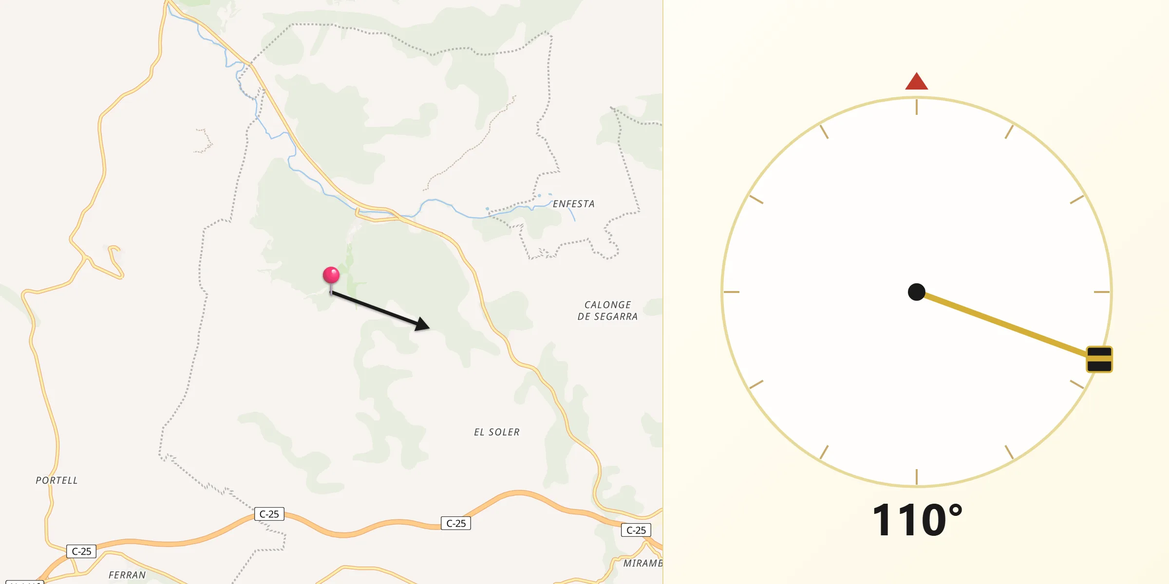 Dirección de la Qibla desde Castellfollit de Riubregós