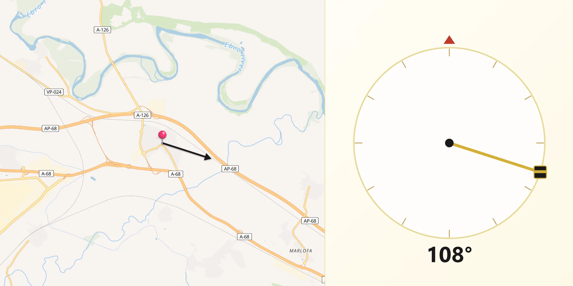 Dirección de la Qibla desde Alagón