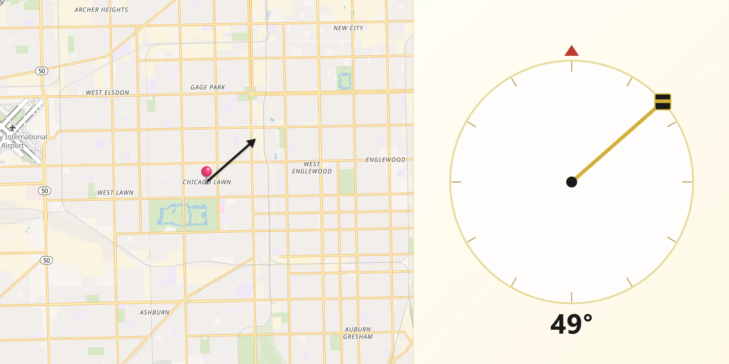 Qibla Direction from Chicago Lawn