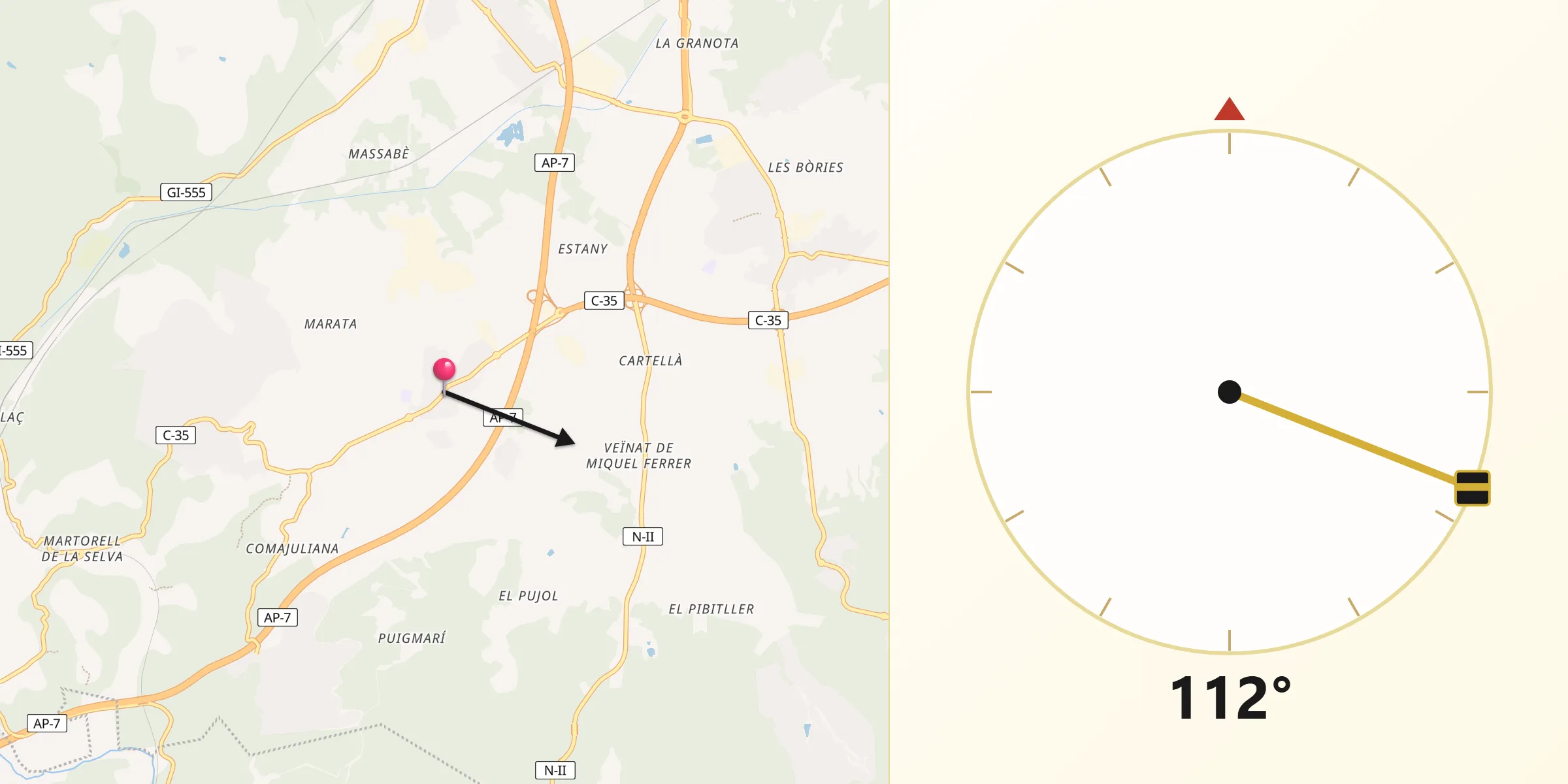 Dirección de la Qibla desde Maçanet de la Selva