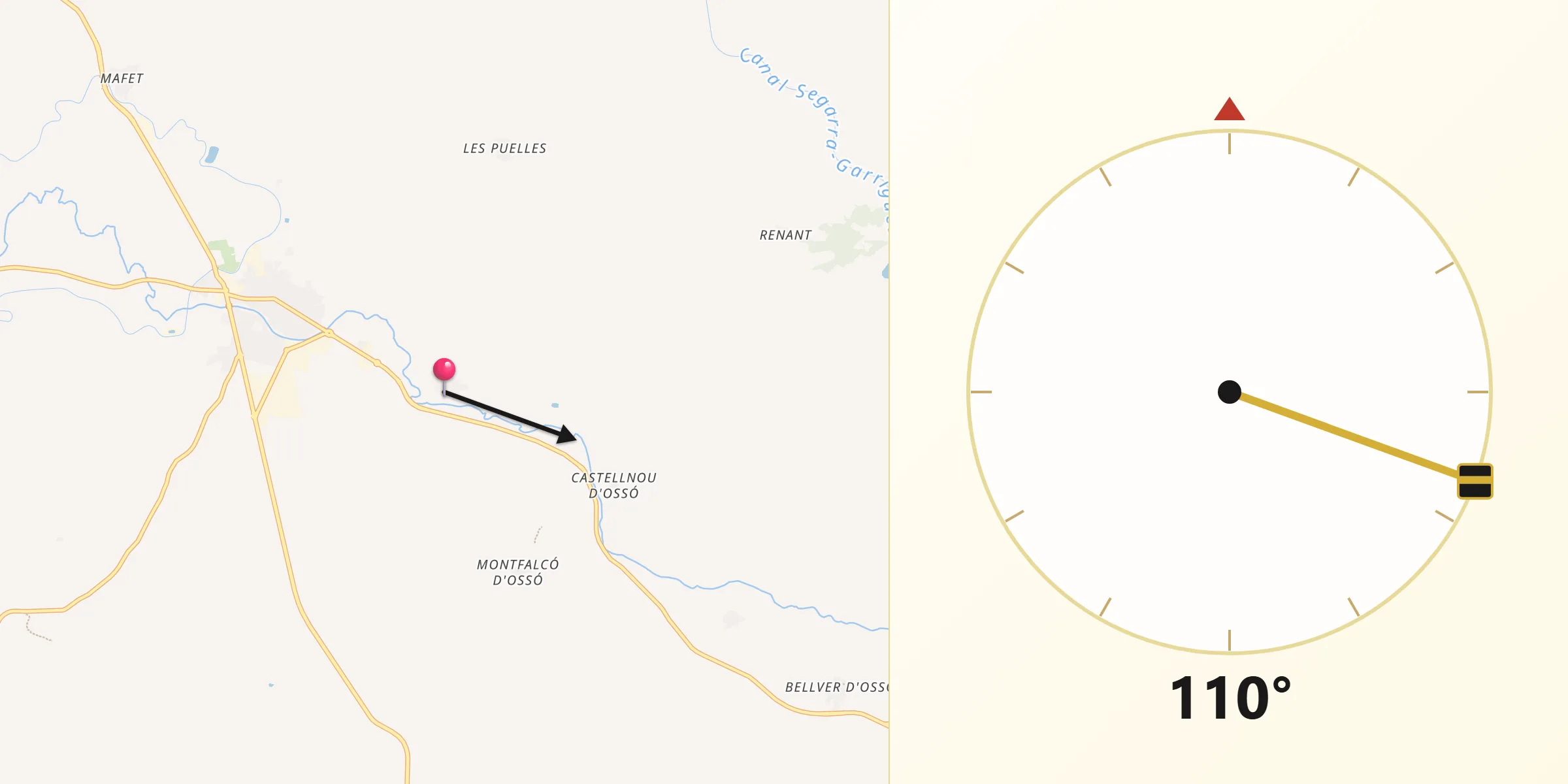 Dirección de la Qibla desde Puigverd d'Agramunt