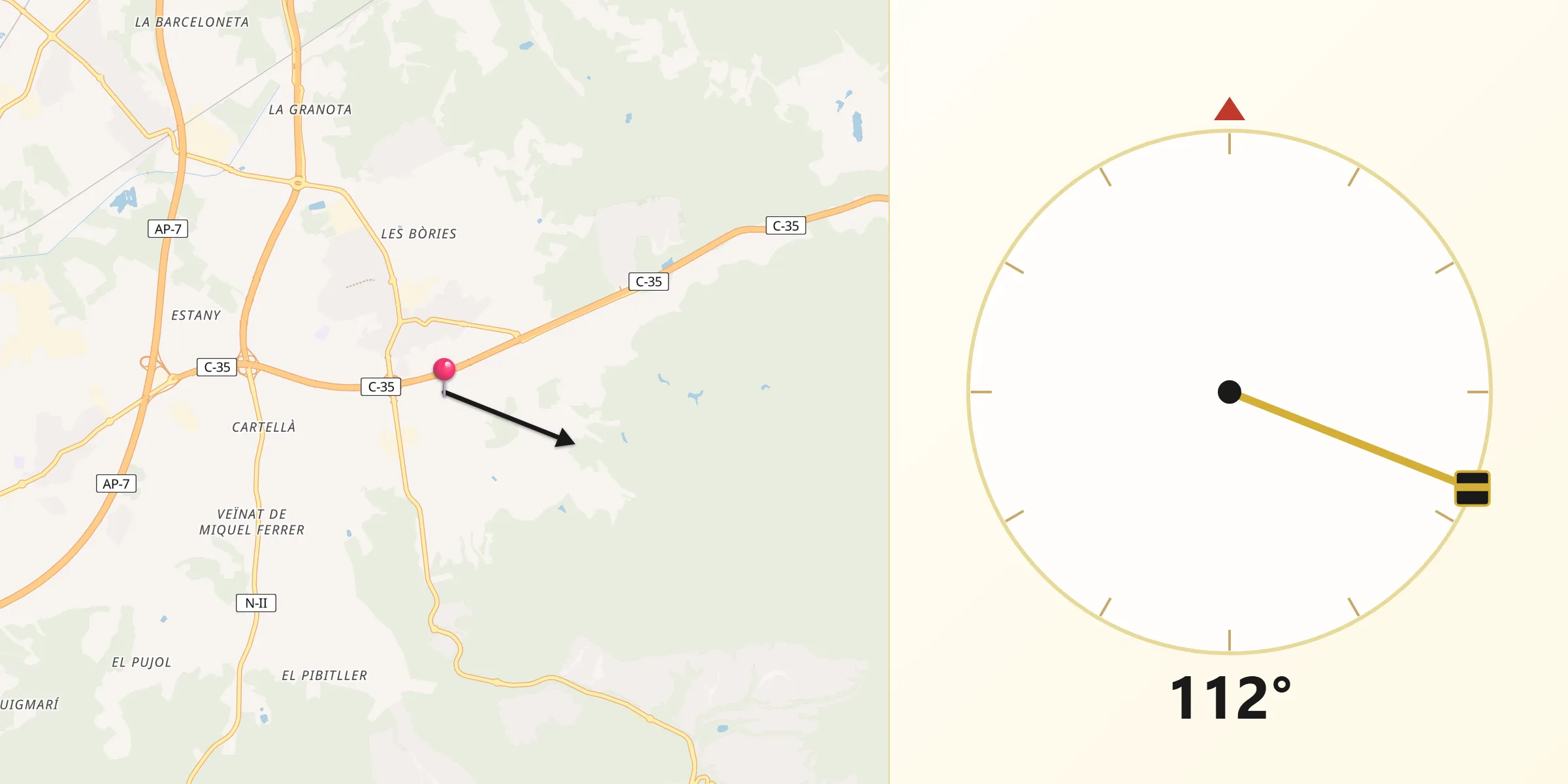 Dirección de la Qibla desde Vidreres