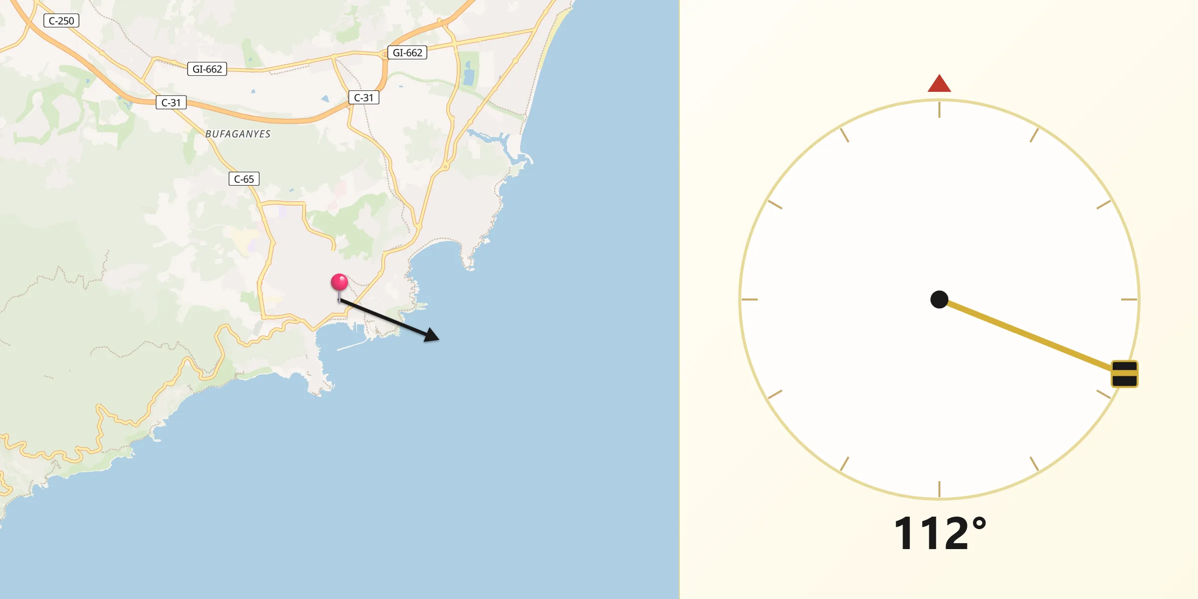 Dirección de la Qibla desde Sant Feliu de Guíxols