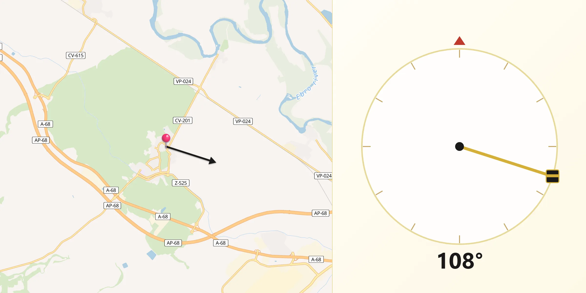 Dirección de la Qibla desde Pedrola