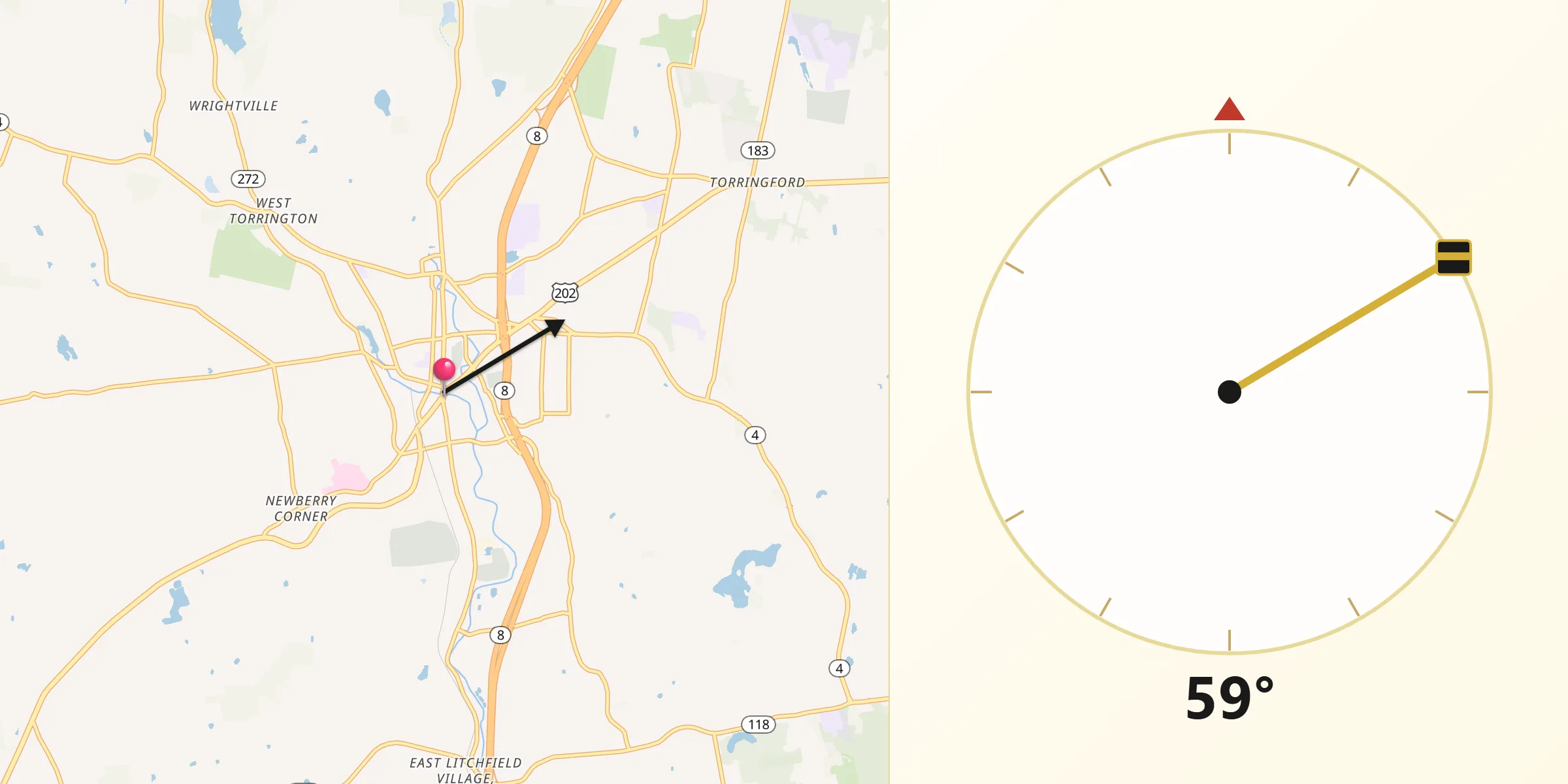 Qibla Direction from Torrington