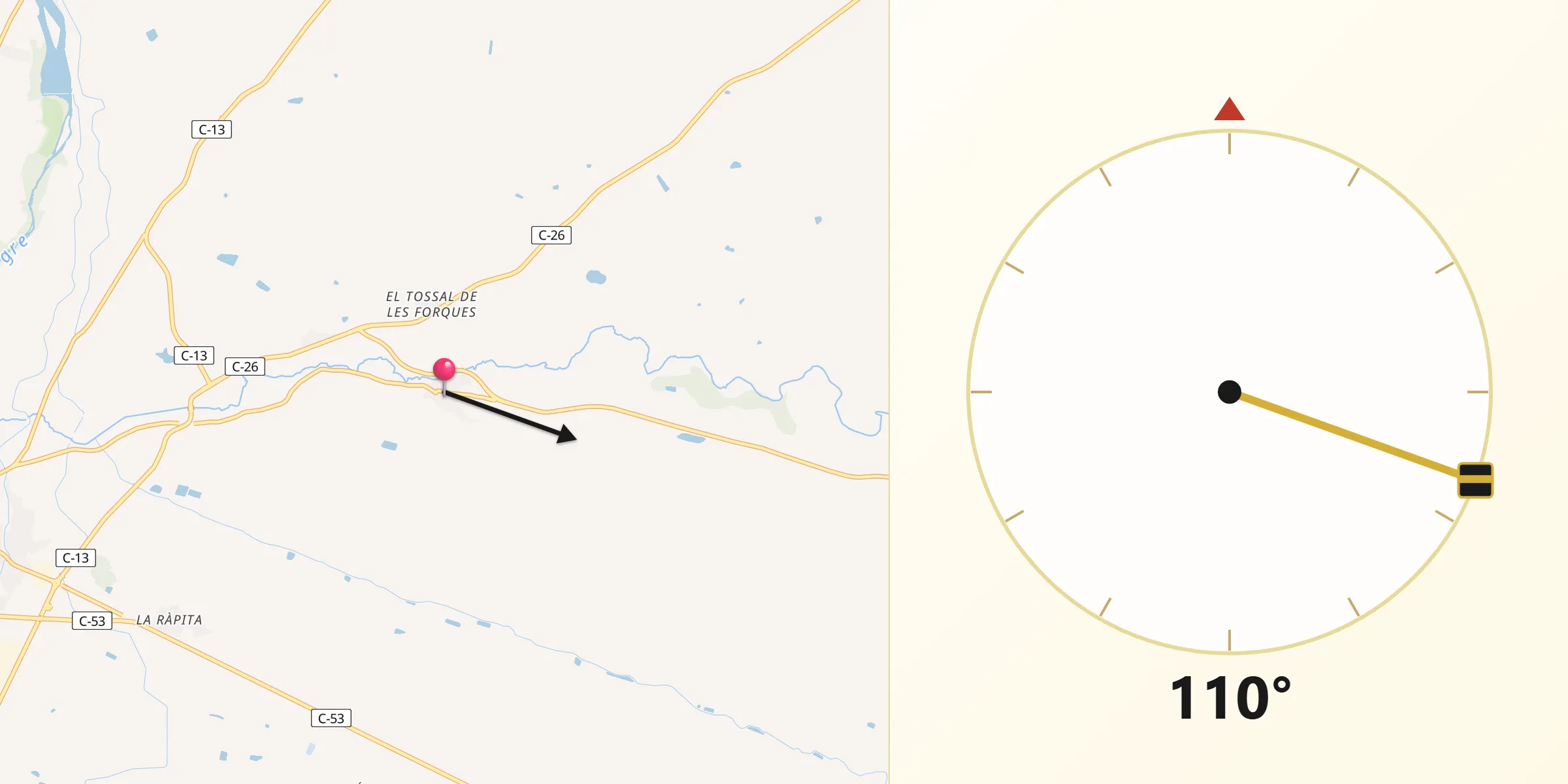 Dirección de la Qibla desde La Sentiu de Sió