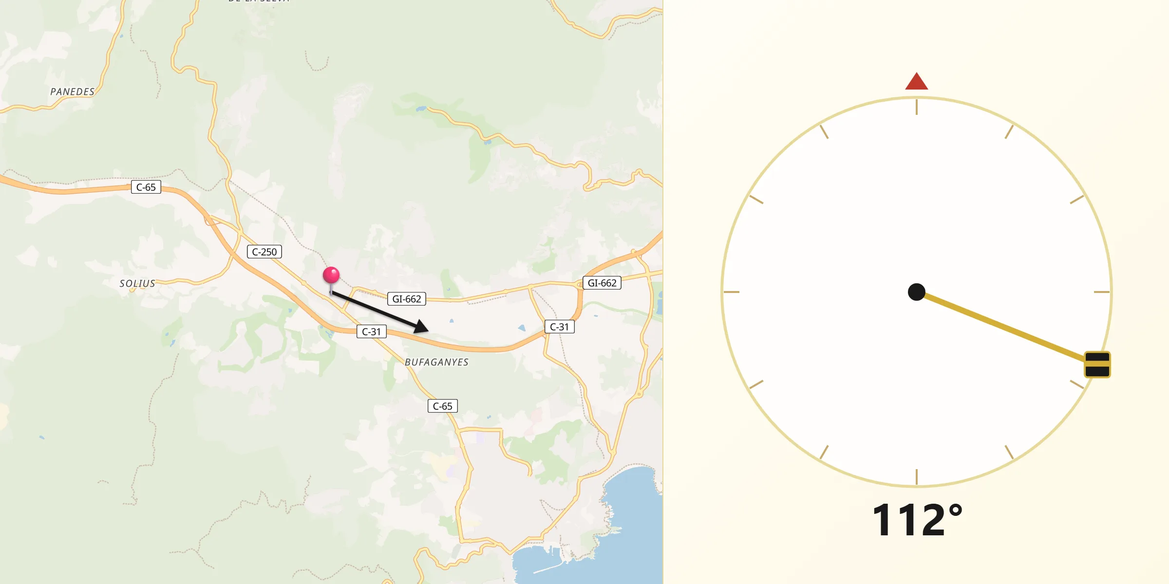 Dirección de la Qibla desde Santa Cristina d'Aro