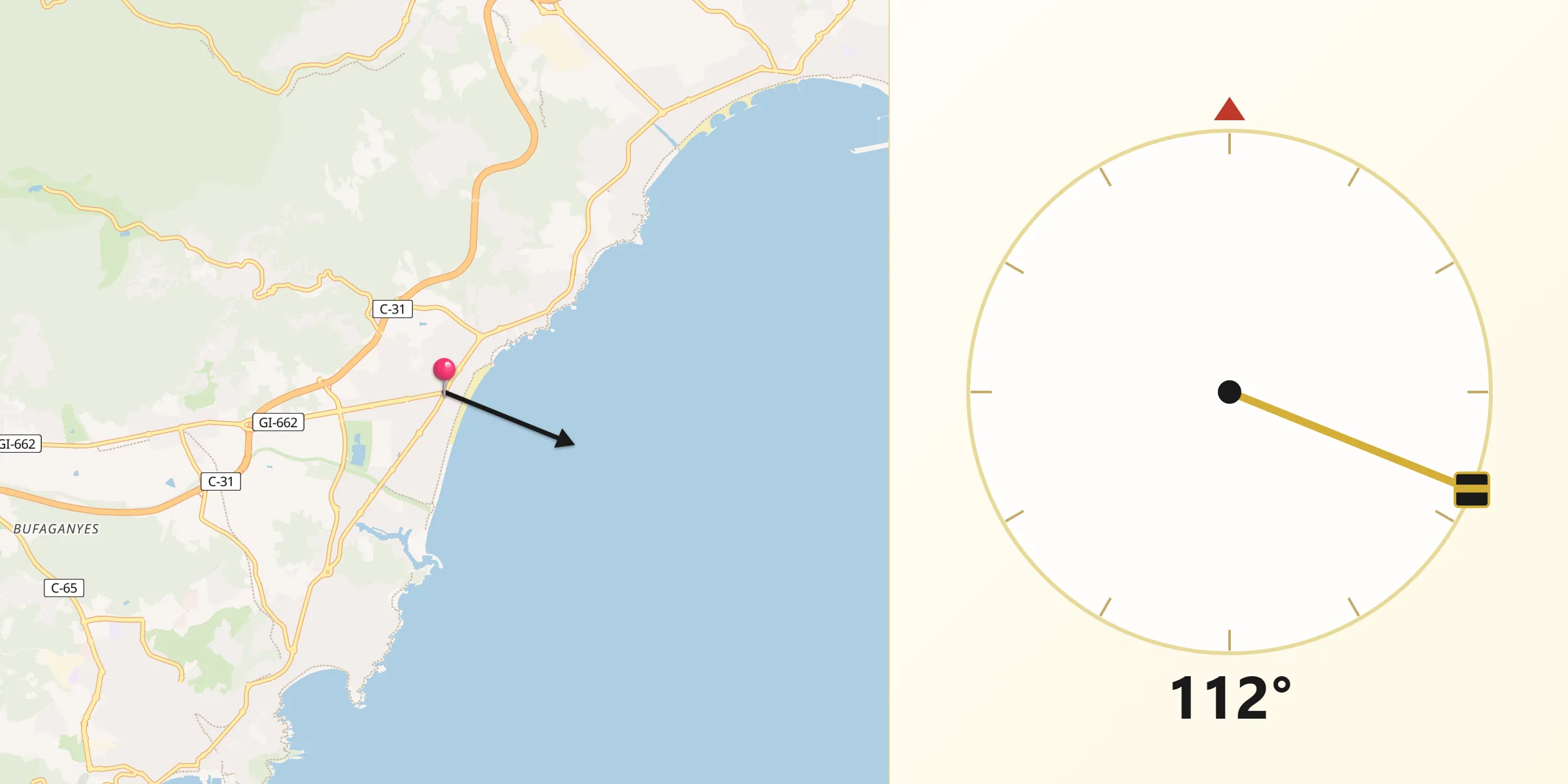 Dirección de la Qibla desde Castell-Platja d'Aro