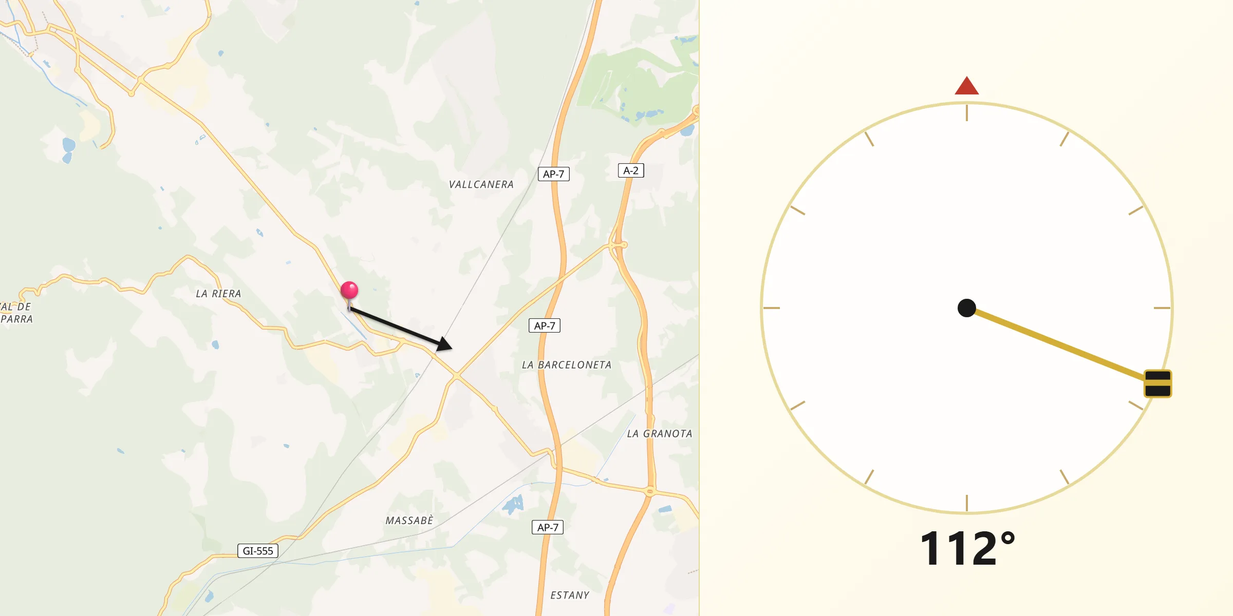 Dirección de la Qibla desde Riudarenes