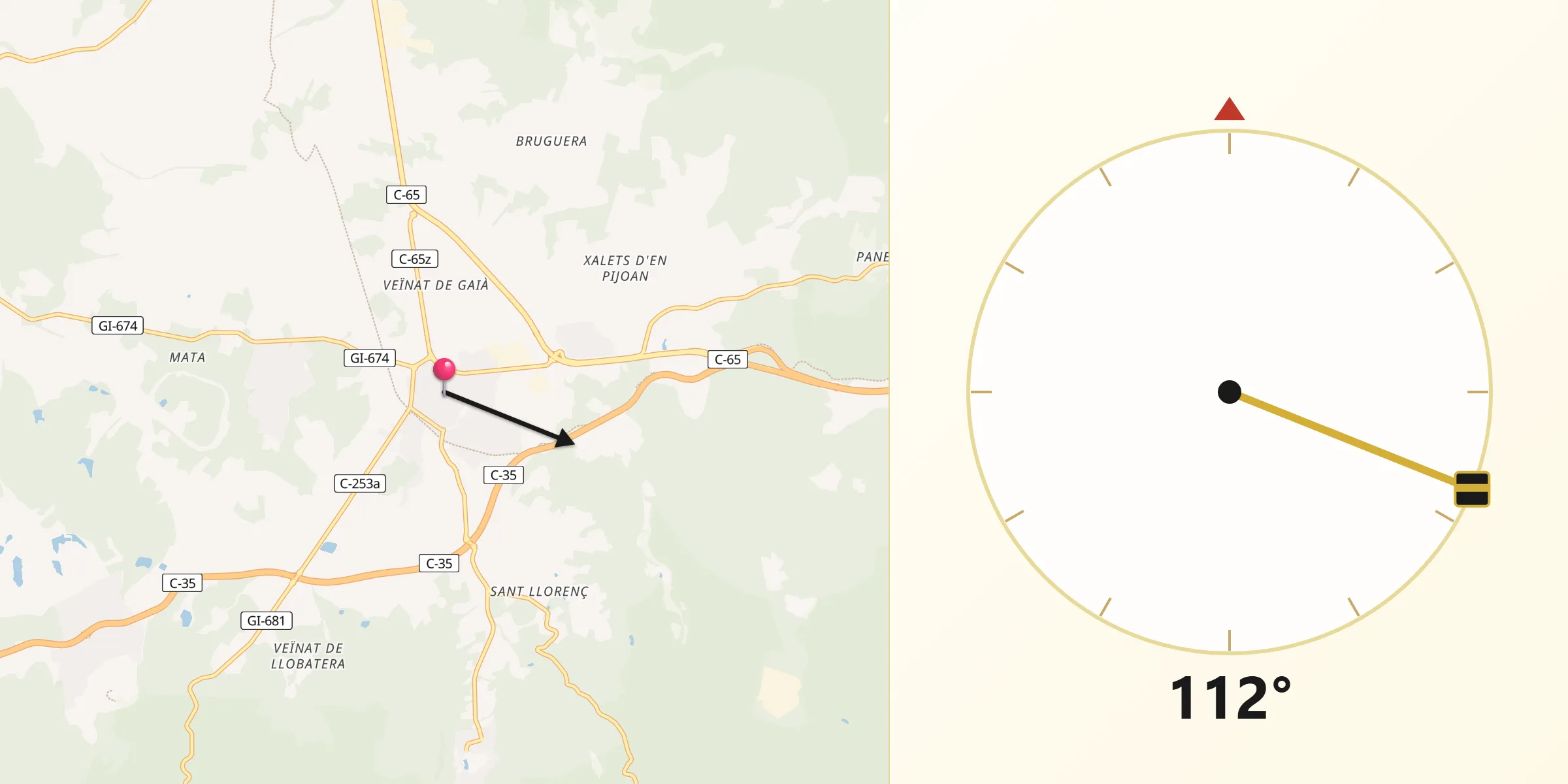 Dirección de la Qibla desde Llagostera