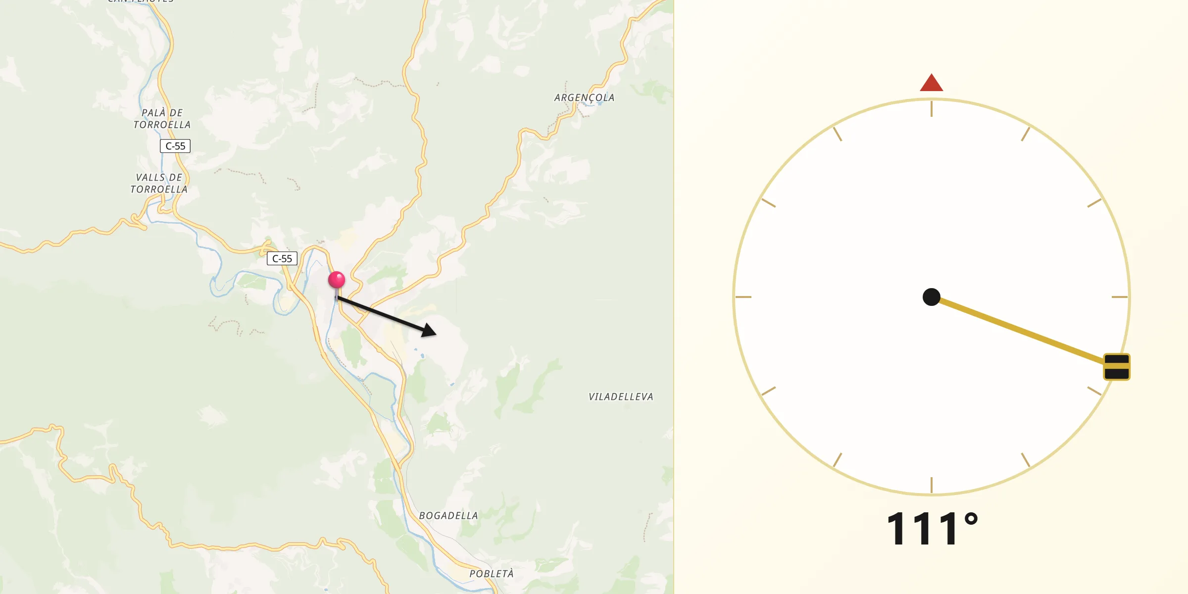 Dirección de la Qibla desde Súria