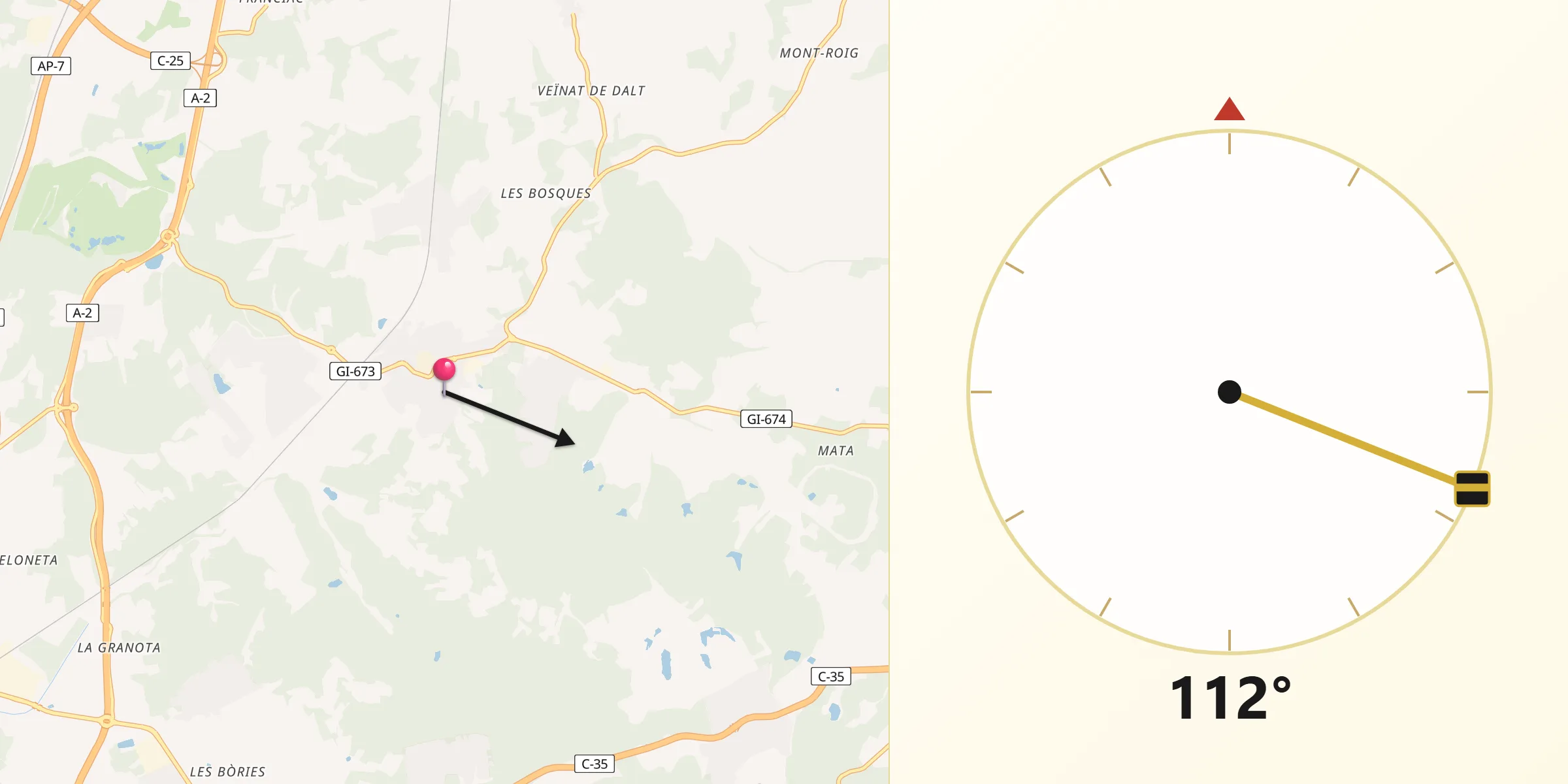 Dirección de la Qibla desde Caldes de Malavella